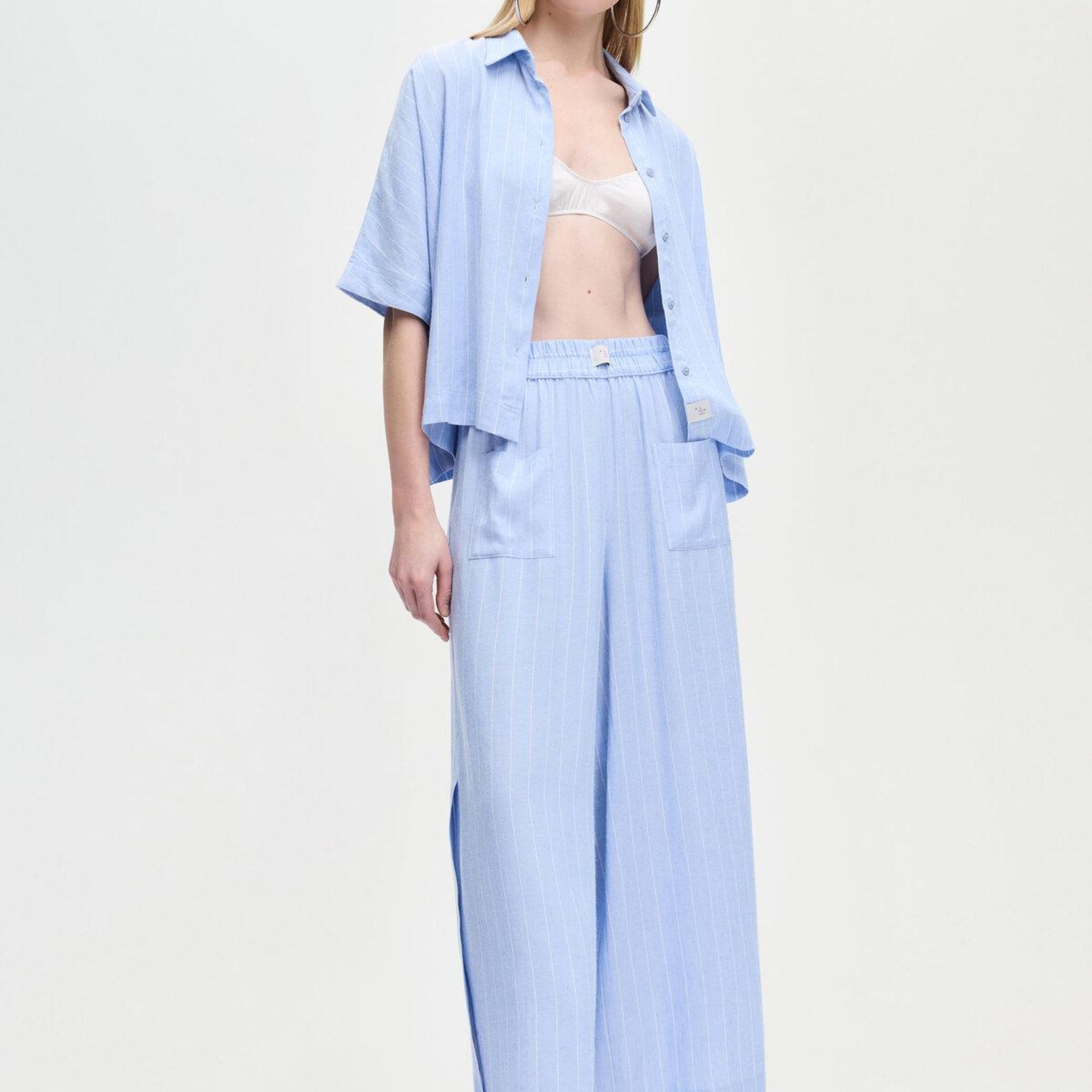 İKİKIZ Keten Karışımlı Çizgili Gömlek Kadın Mavi