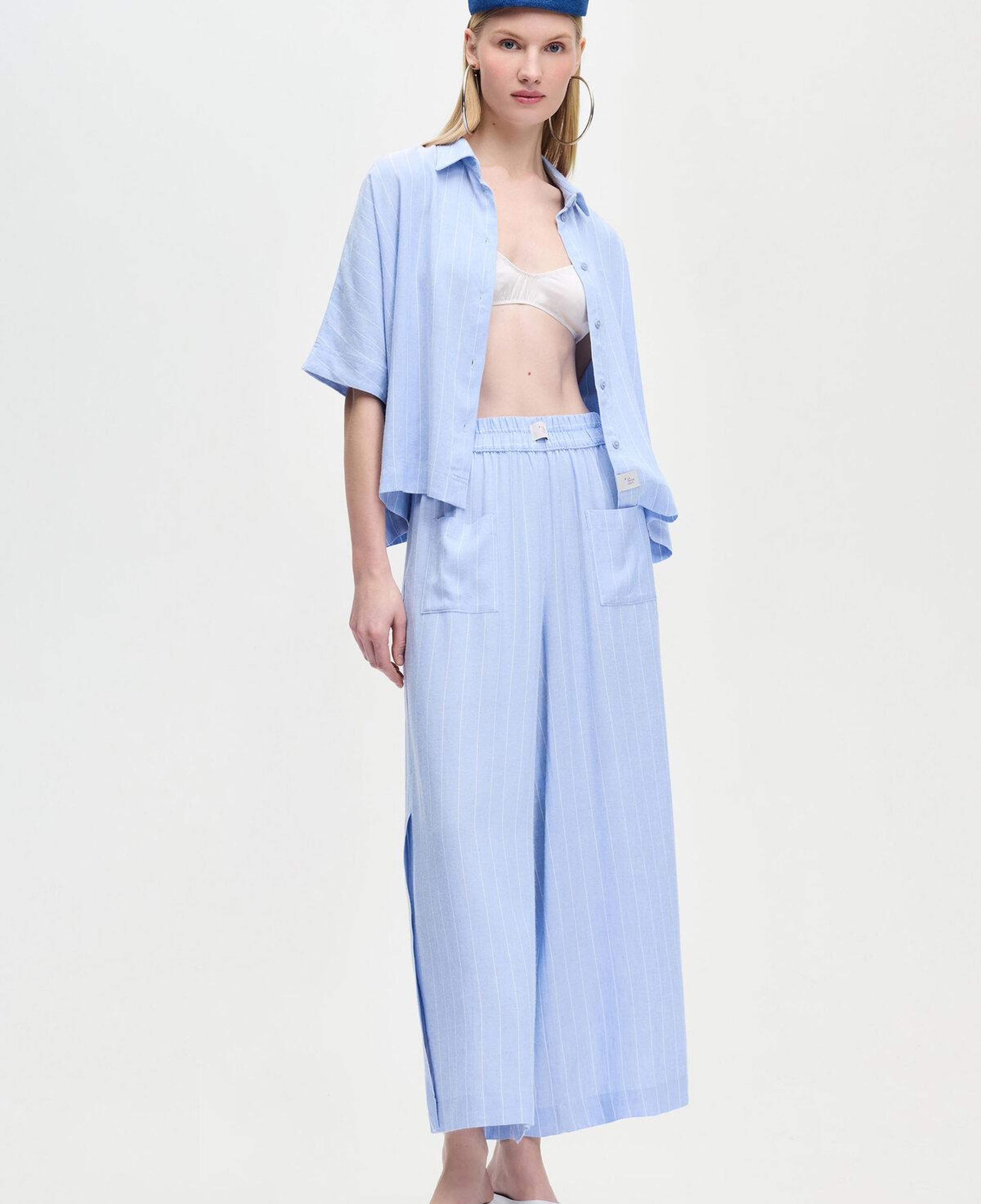 İKİKIZ Keten Karışımlı Çizgili Gömlek Kadın Mavi