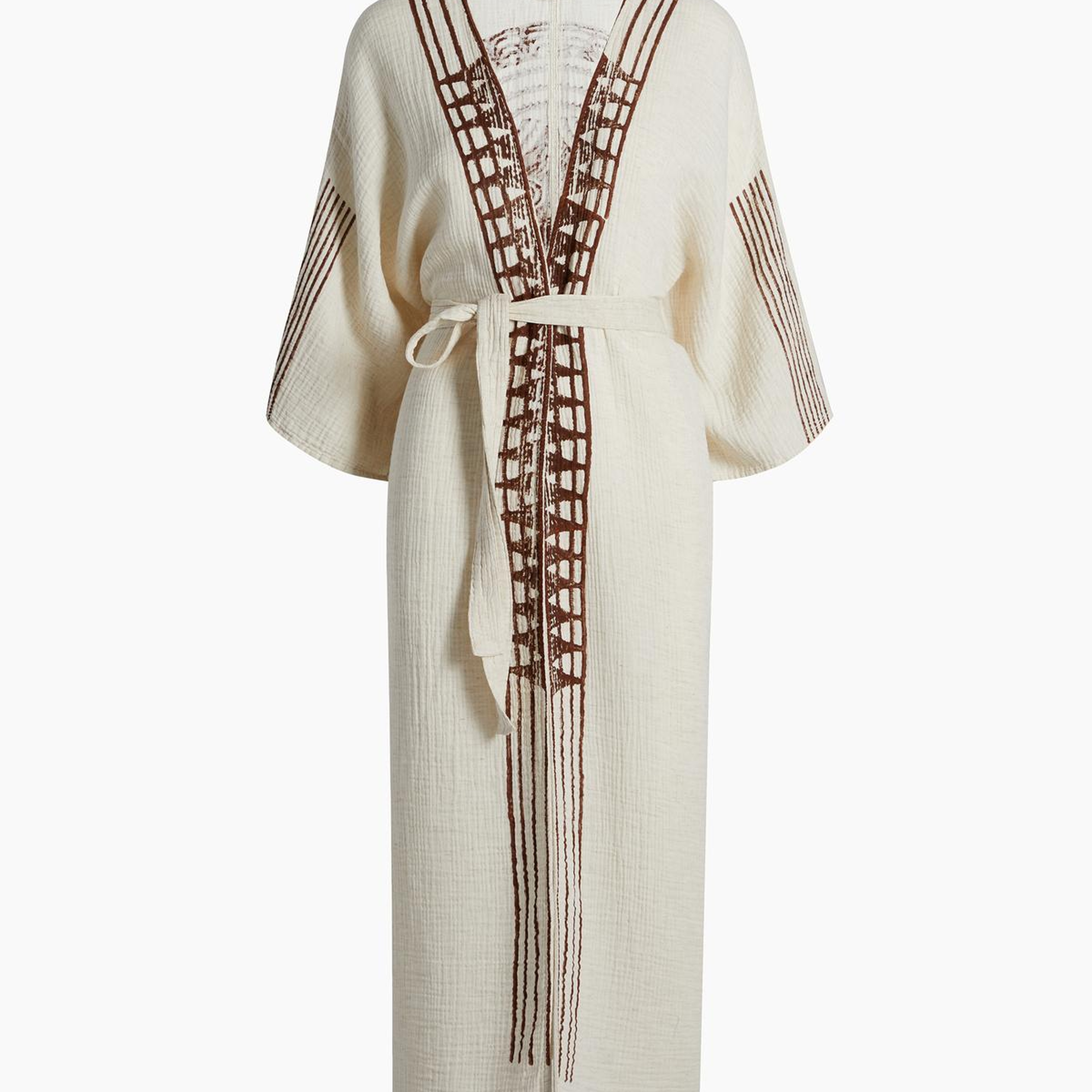 İKİKIZ Crinkle Linen Kahverengi Baskılı Kimono Kadın Naturel