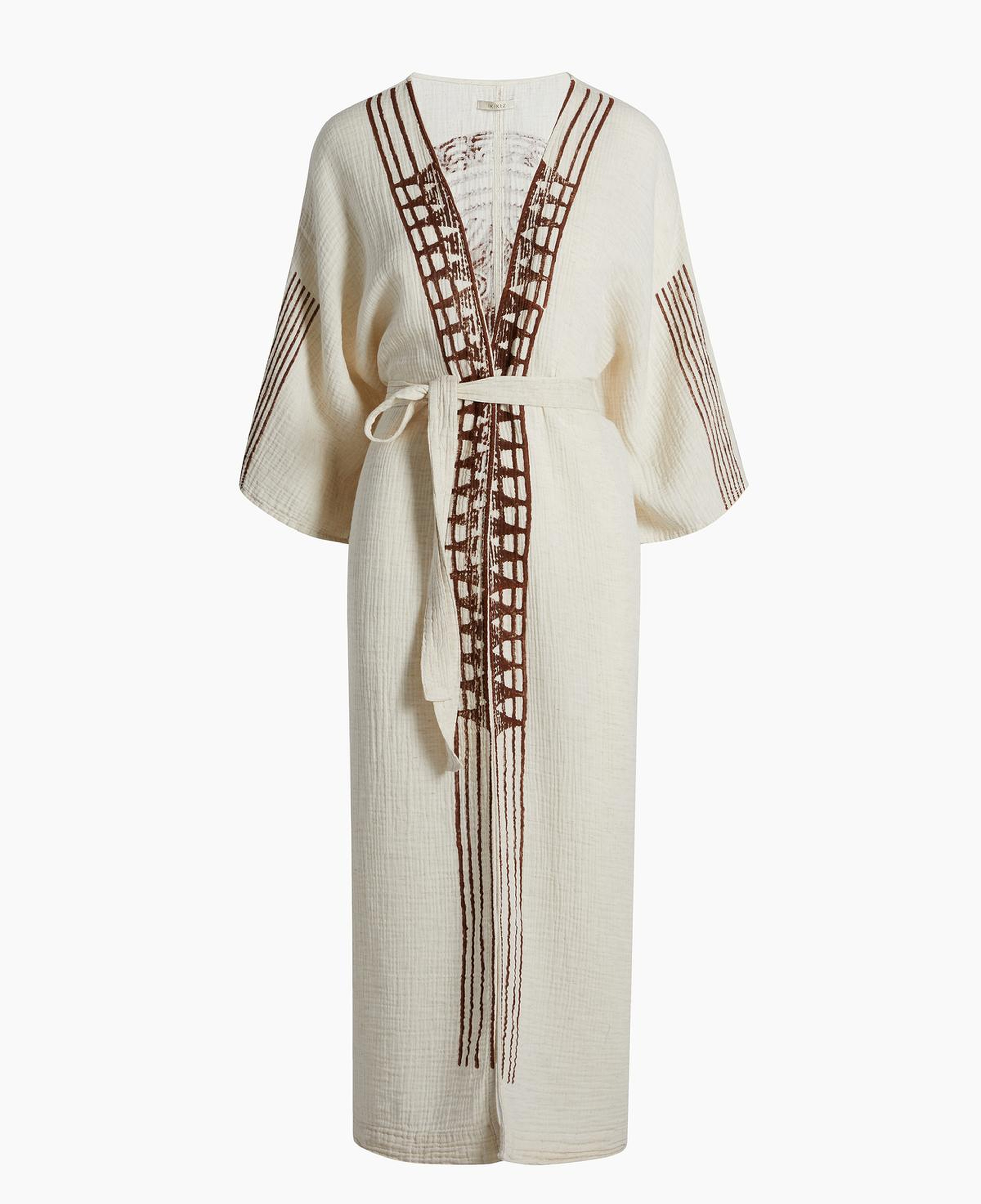 İKİKIZ Crinkle Linen Kahverengi Baskılı Kimono Kadın Naturel