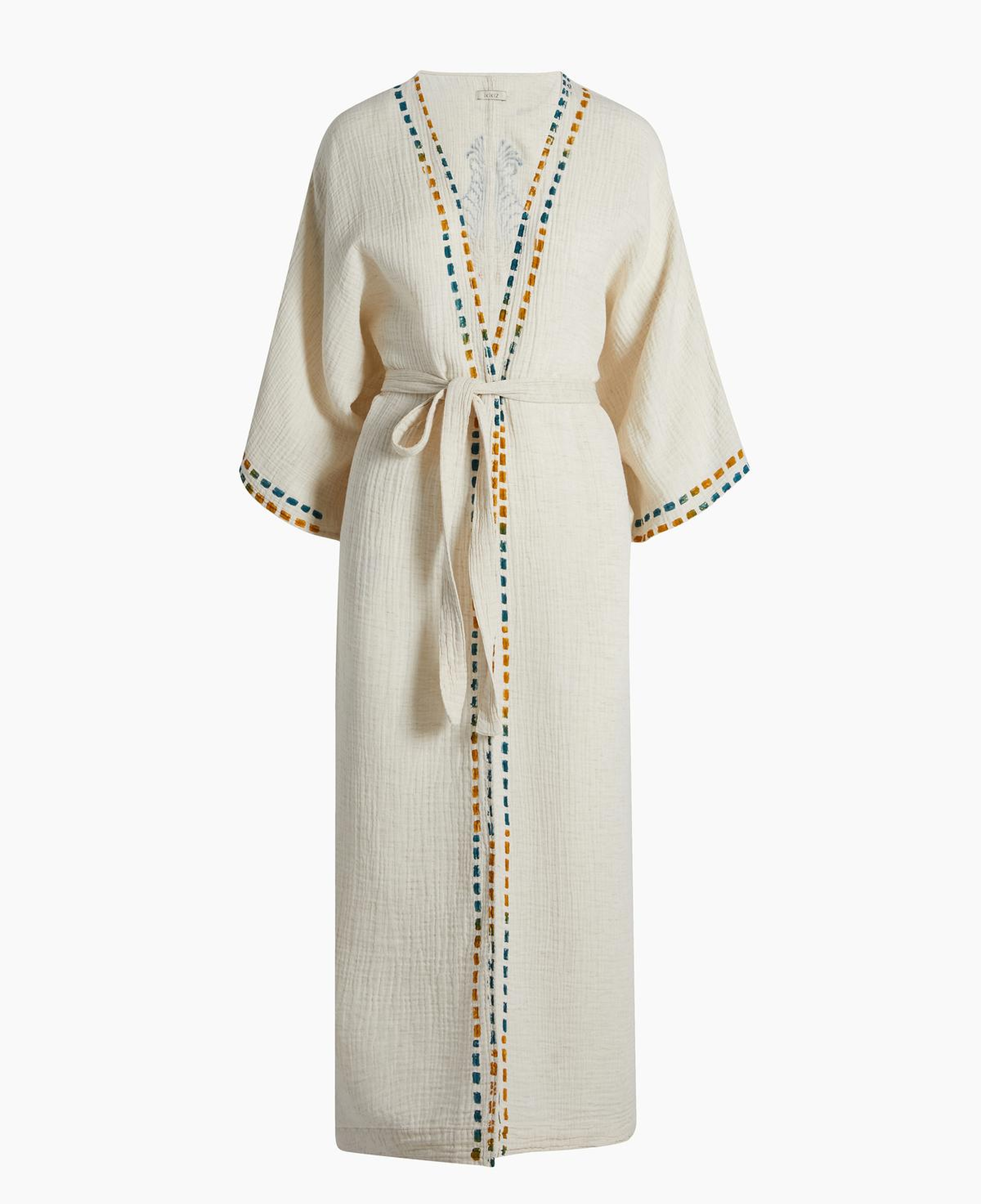 İKİKIZ Crinkle Linen Renkli Baskılı Kimono Kadın Naturel