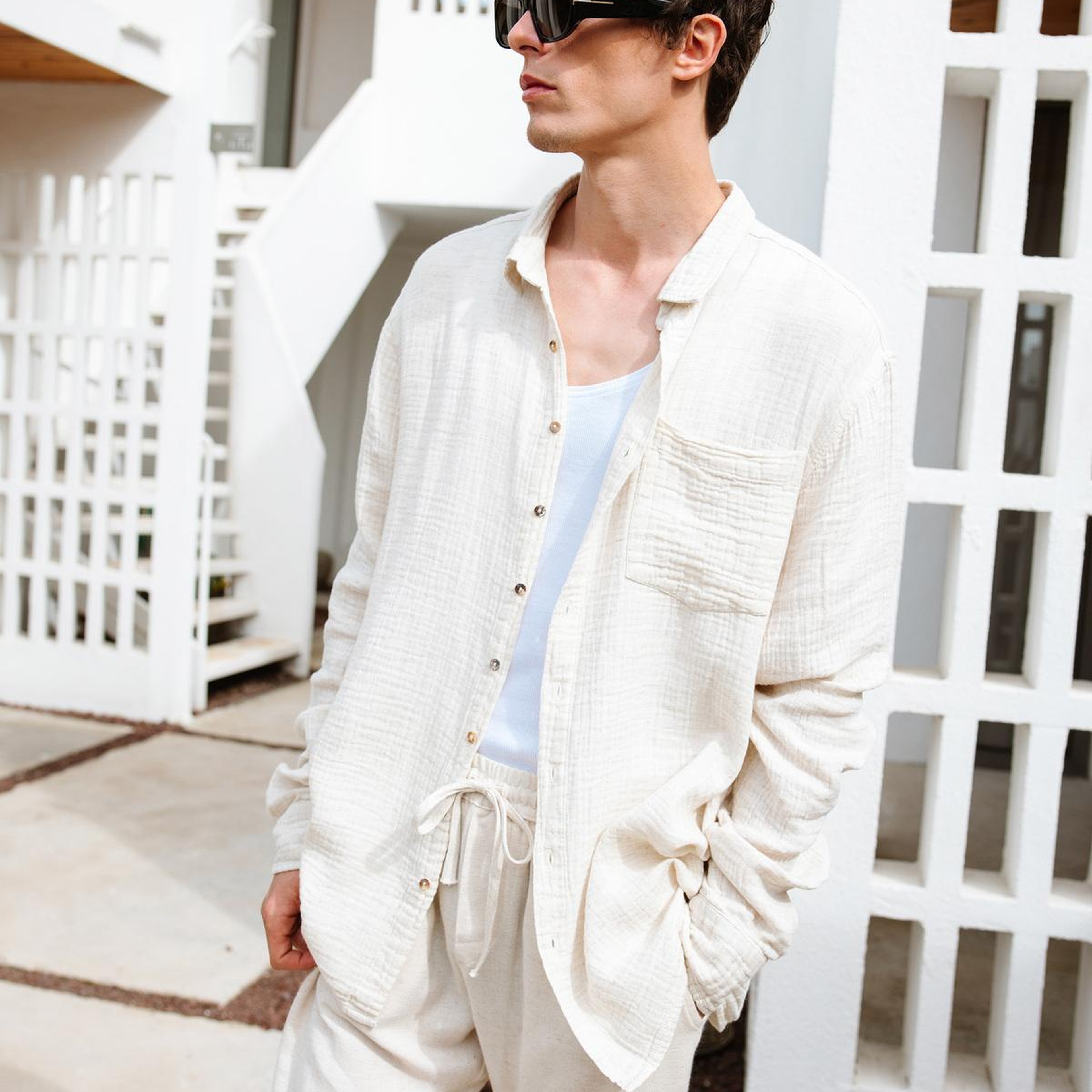 İKİKIZ Crinkle Erkek Gömlek Erkek Naturel