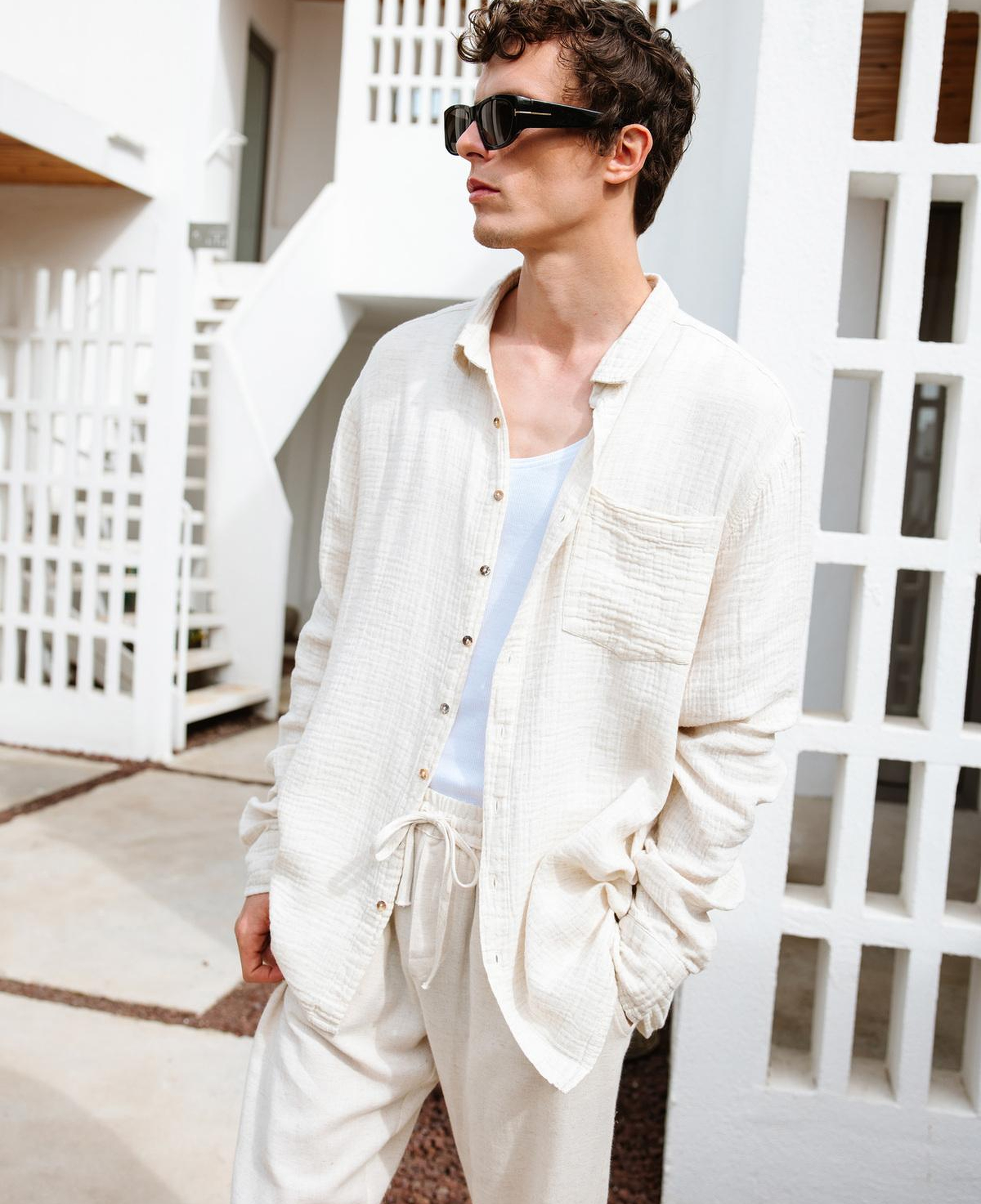 İKİKIZ Crinkle Erkek Gömlek Erkek Naturel