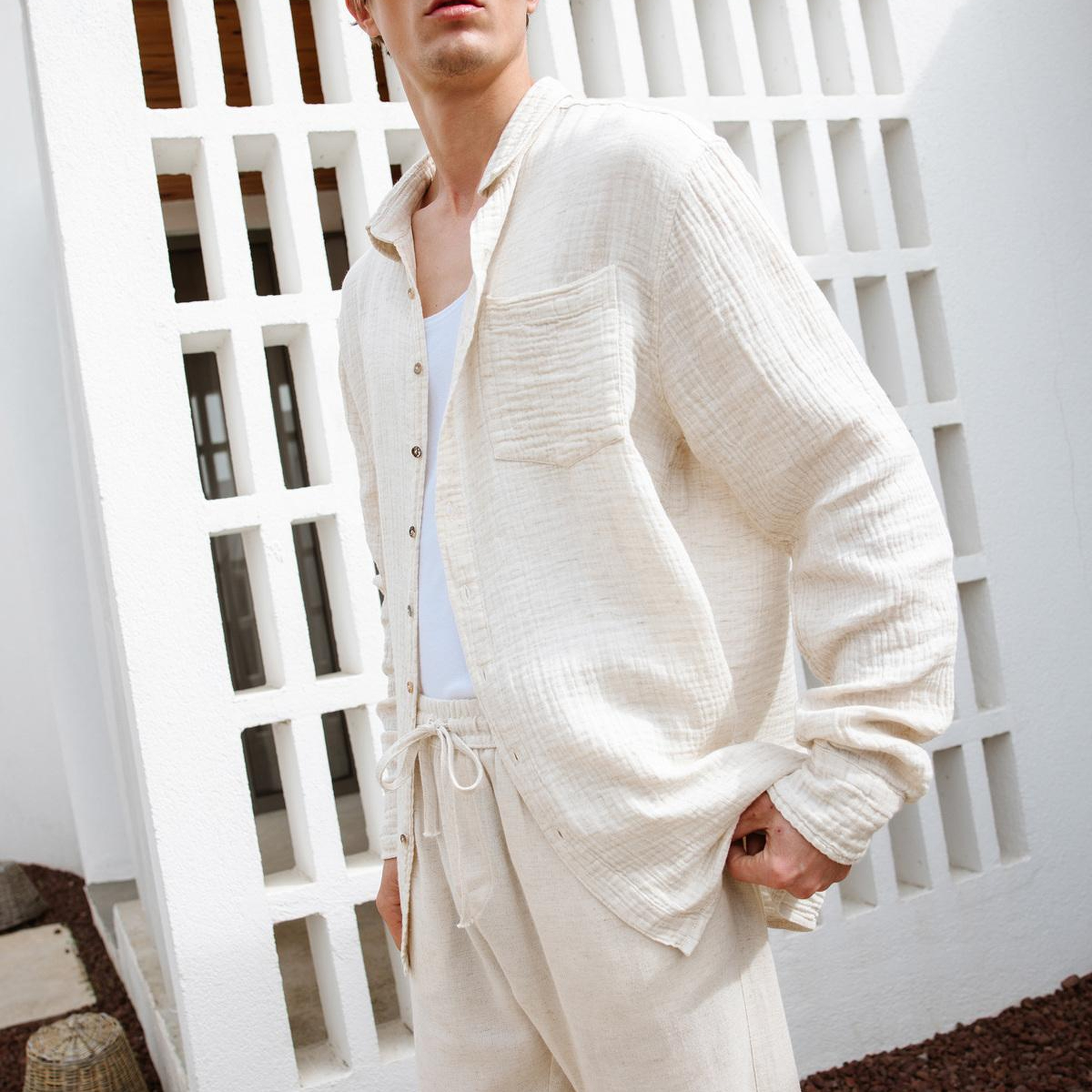 İKİKIZ Crinkle Erkek Gömlek Erkek Naturel