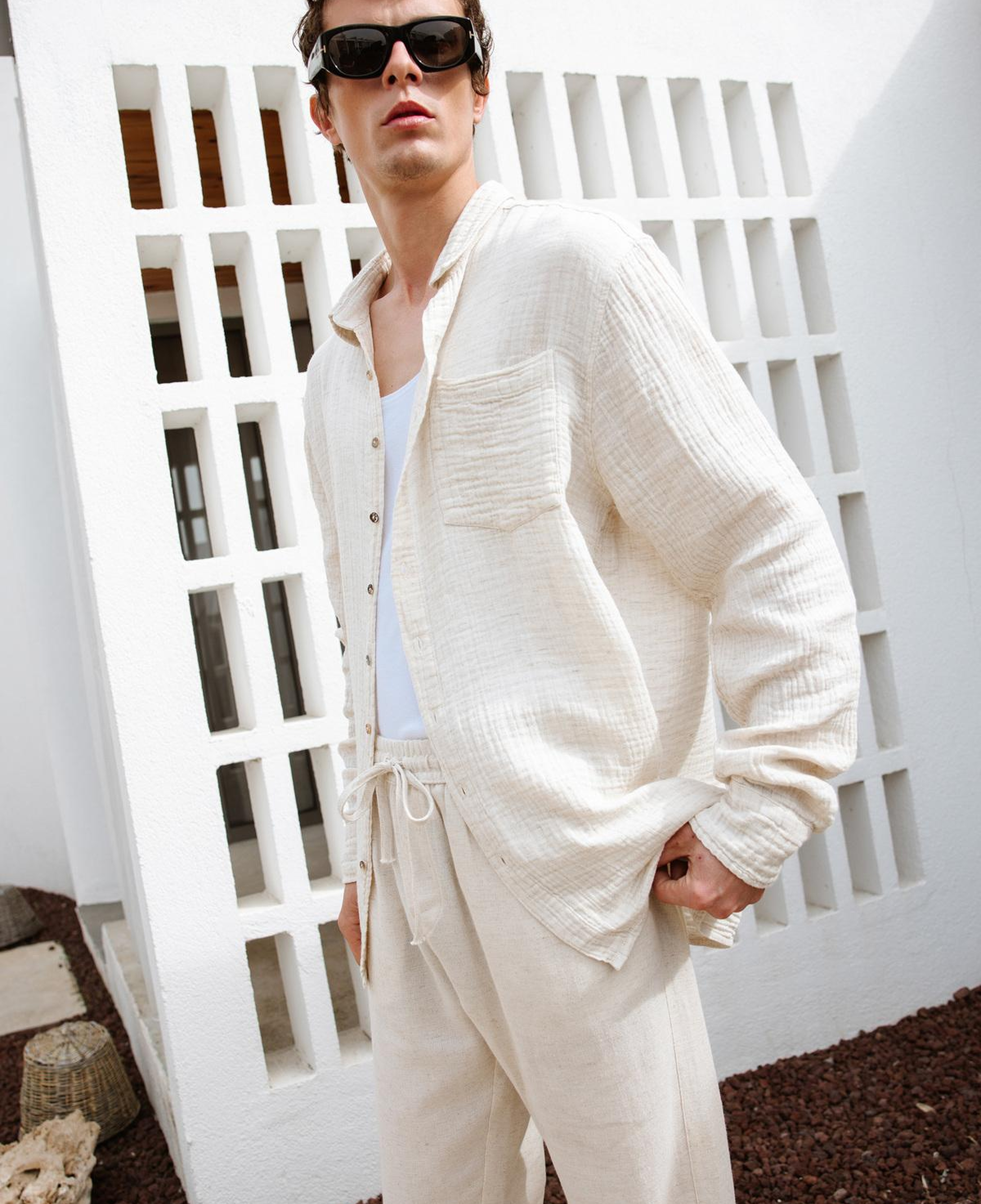 İKİKIZ Crinkle Erkek Gömlek Erkek Naturel