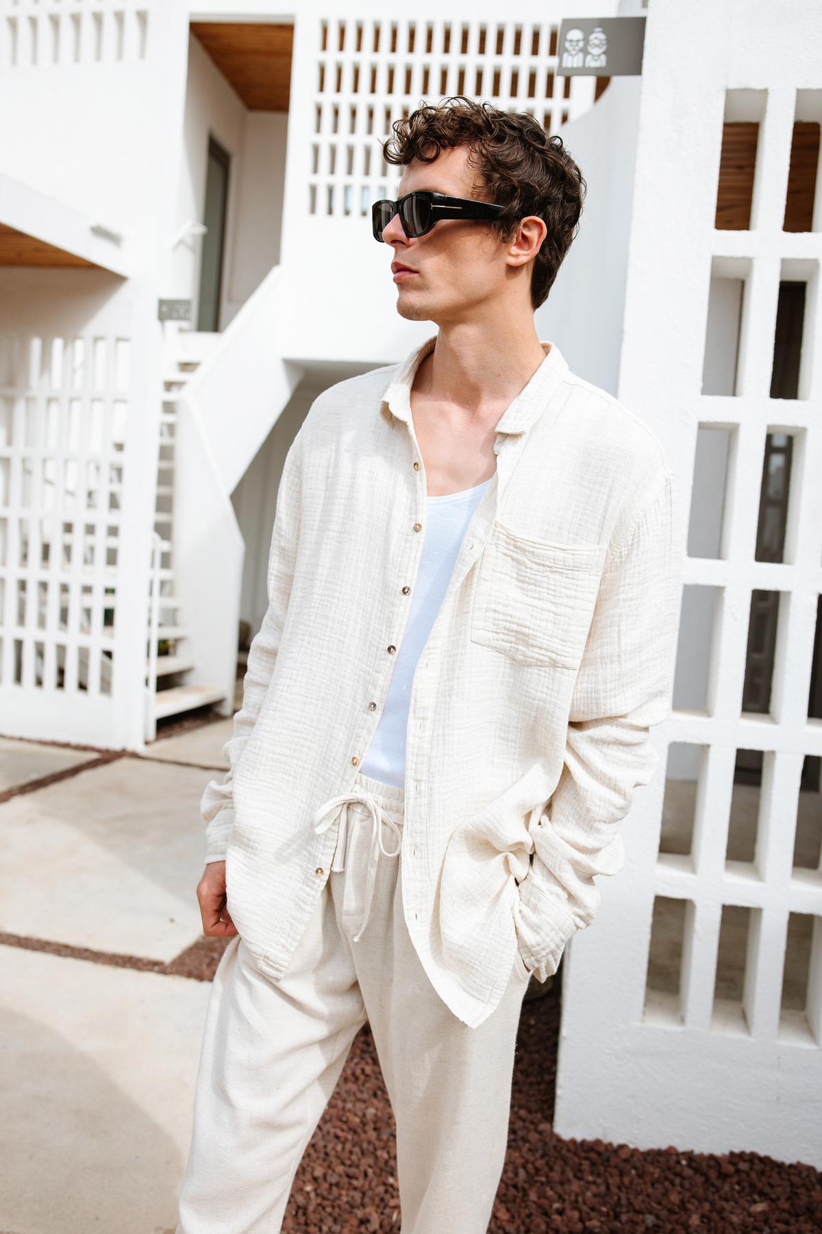 İKİKIZ Crinkle Erkek Gömlek Erkek Naturel