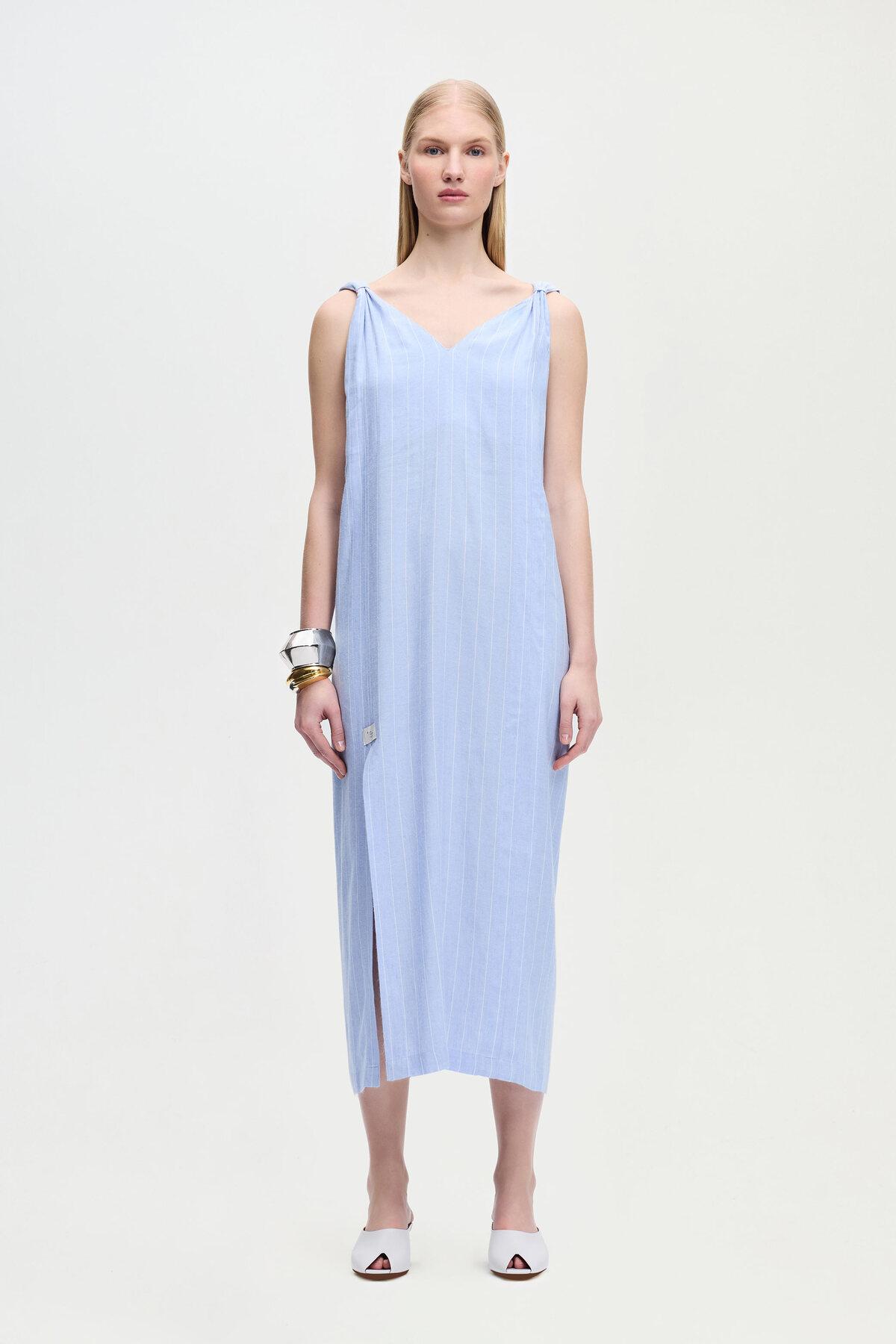 İKİKIZ Keten Karışımlı Çizgili Elbise Kadın Renkli