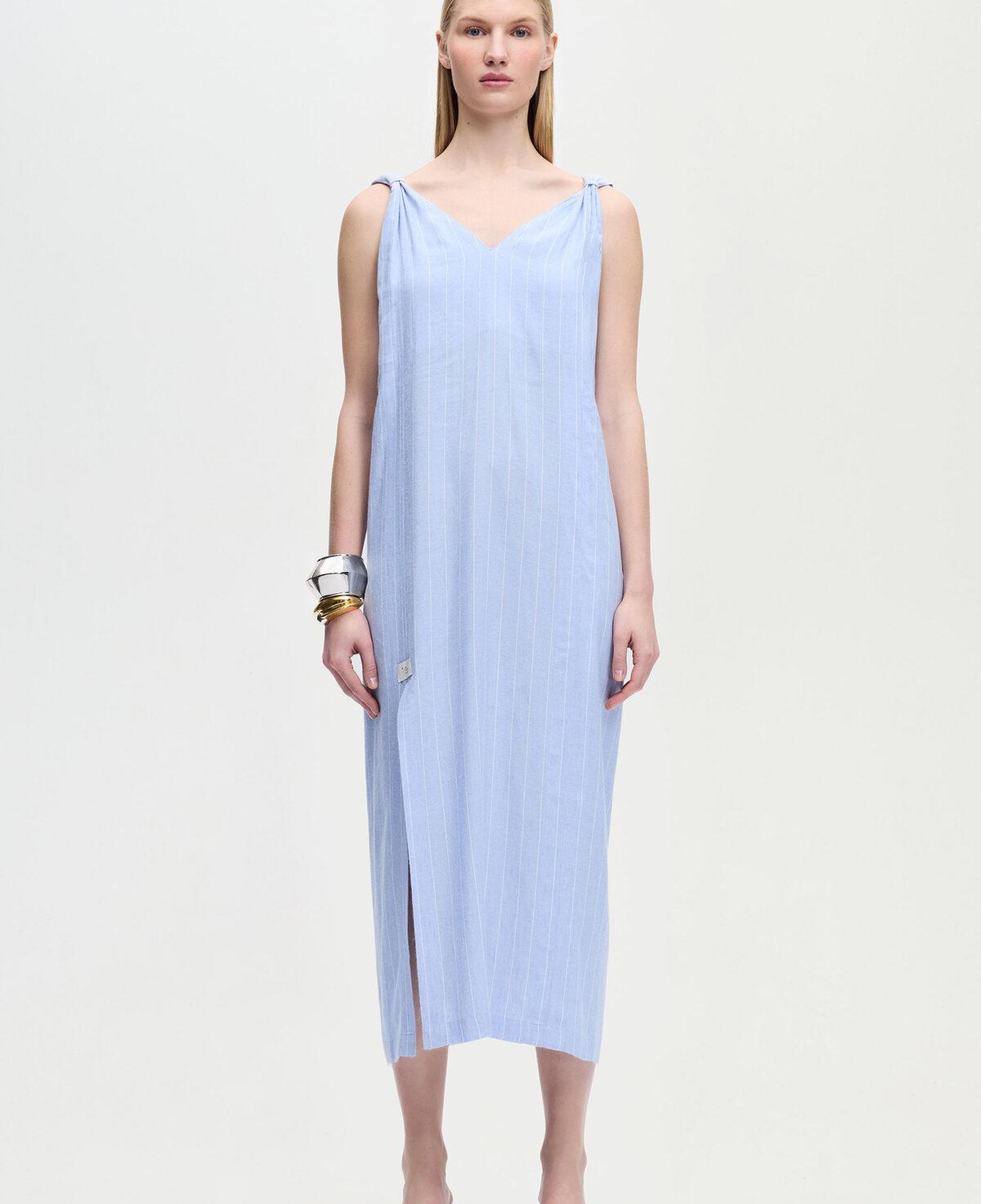 İKİKIZ Keten Karışımlı Çizgili Elbise Kadın Renkli