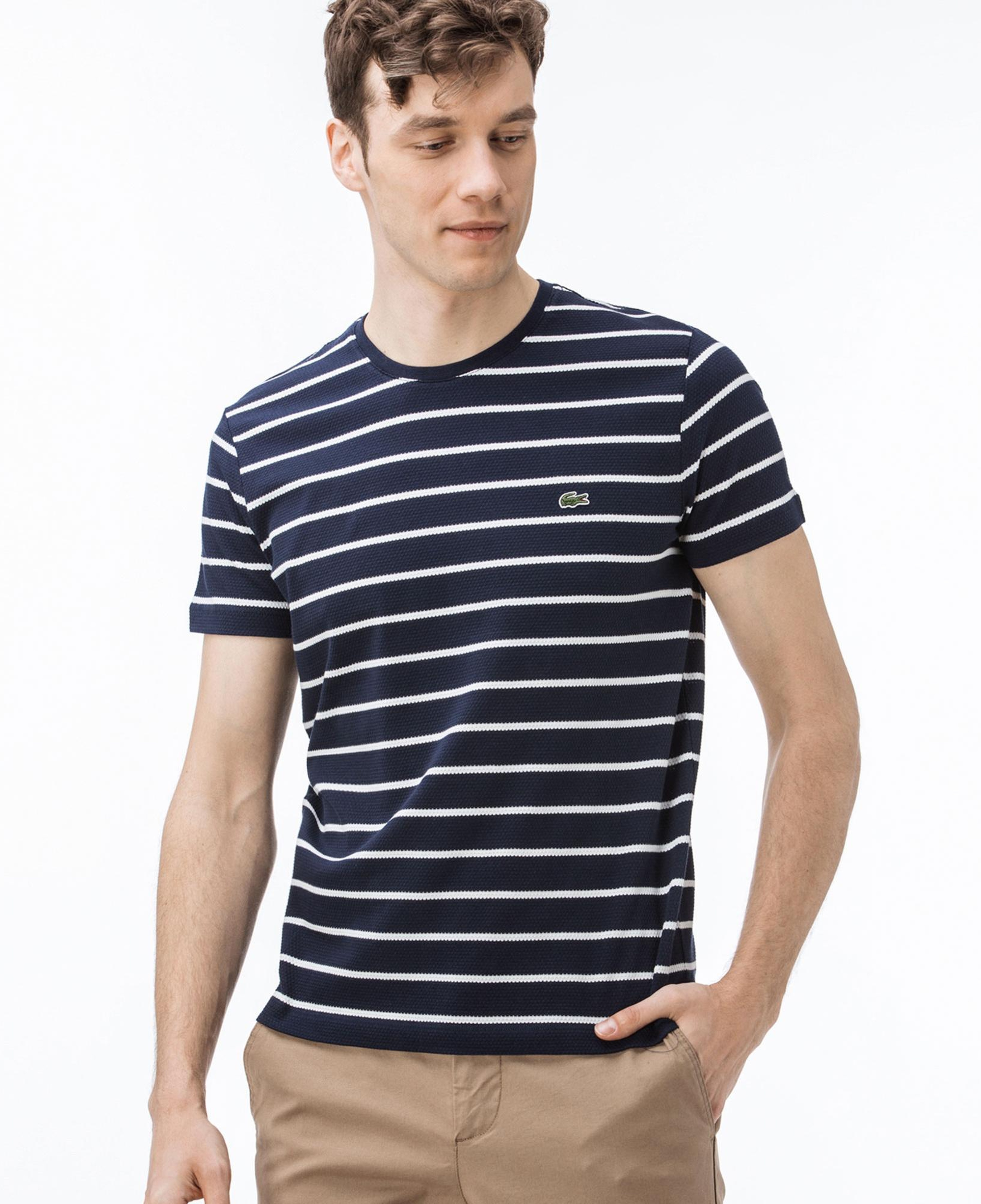 Lacoste Erkek Slim Fit Bisiklet Yaka Çizgili Lacivert T-Shirt