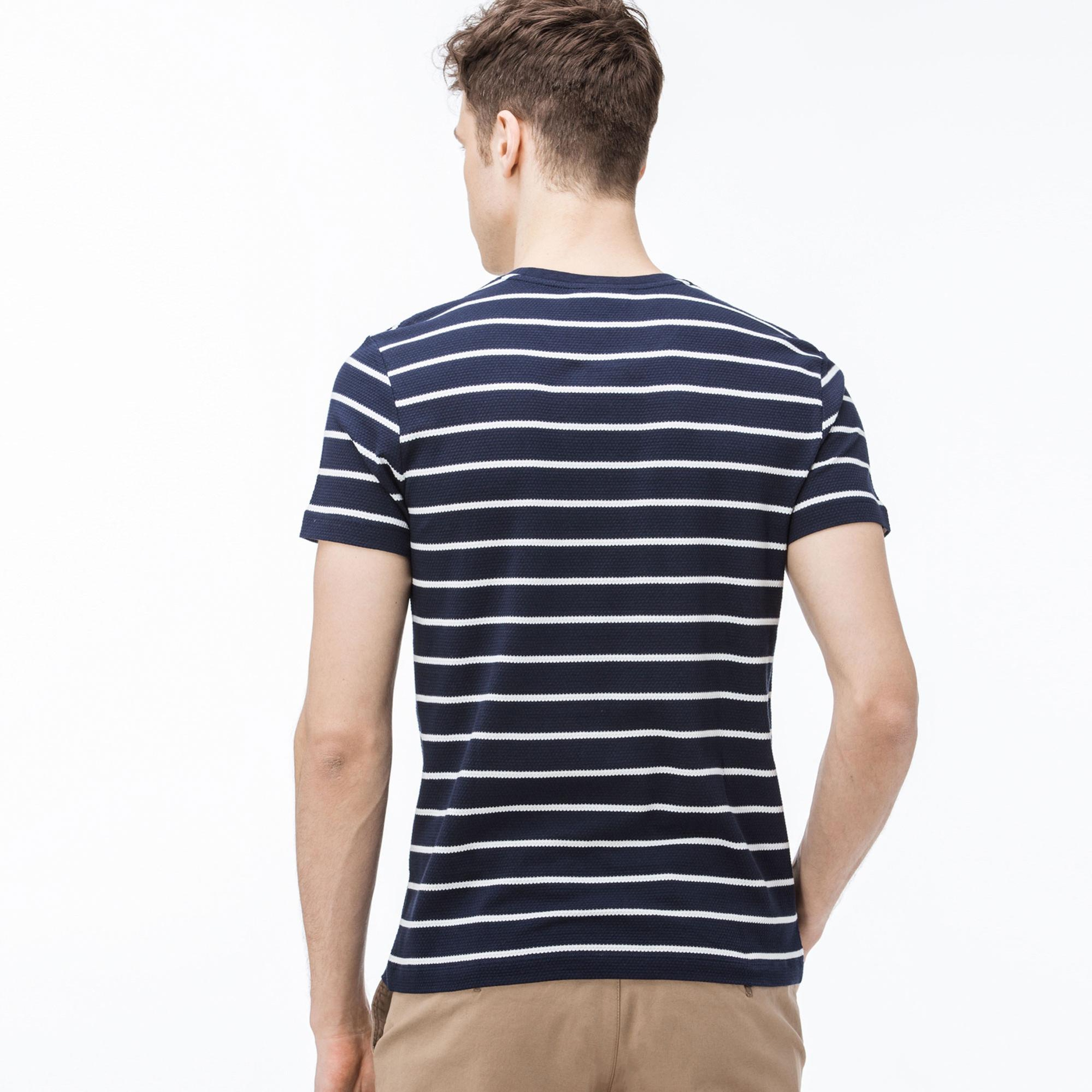 Lacoste Erkek Slim Fit Bisiklet Yaka Çizgili Lacivert T-Shirt