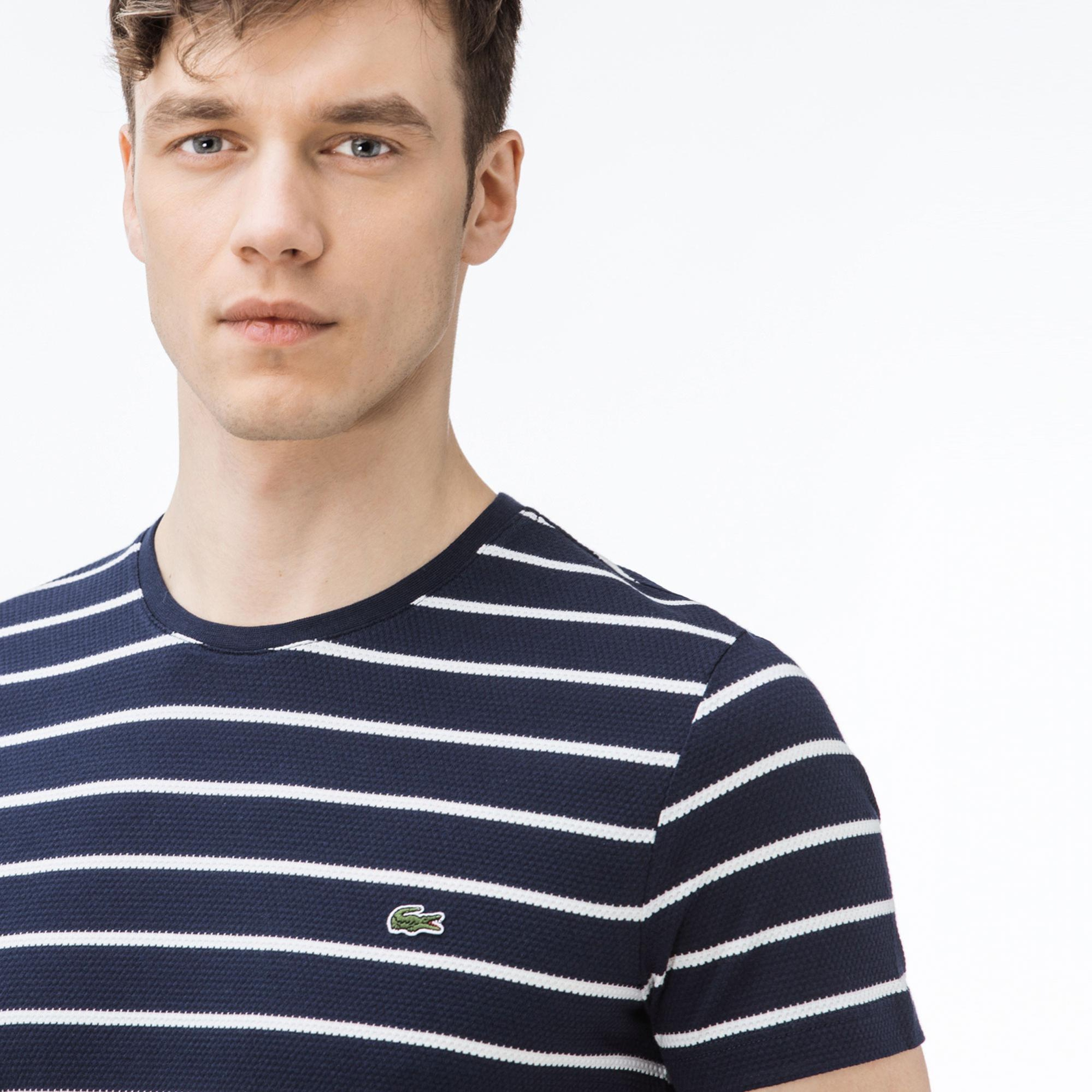Lacoste Erkek Slim Fit Bisiklet Yaka Çizgili Lacivert T-Shirt