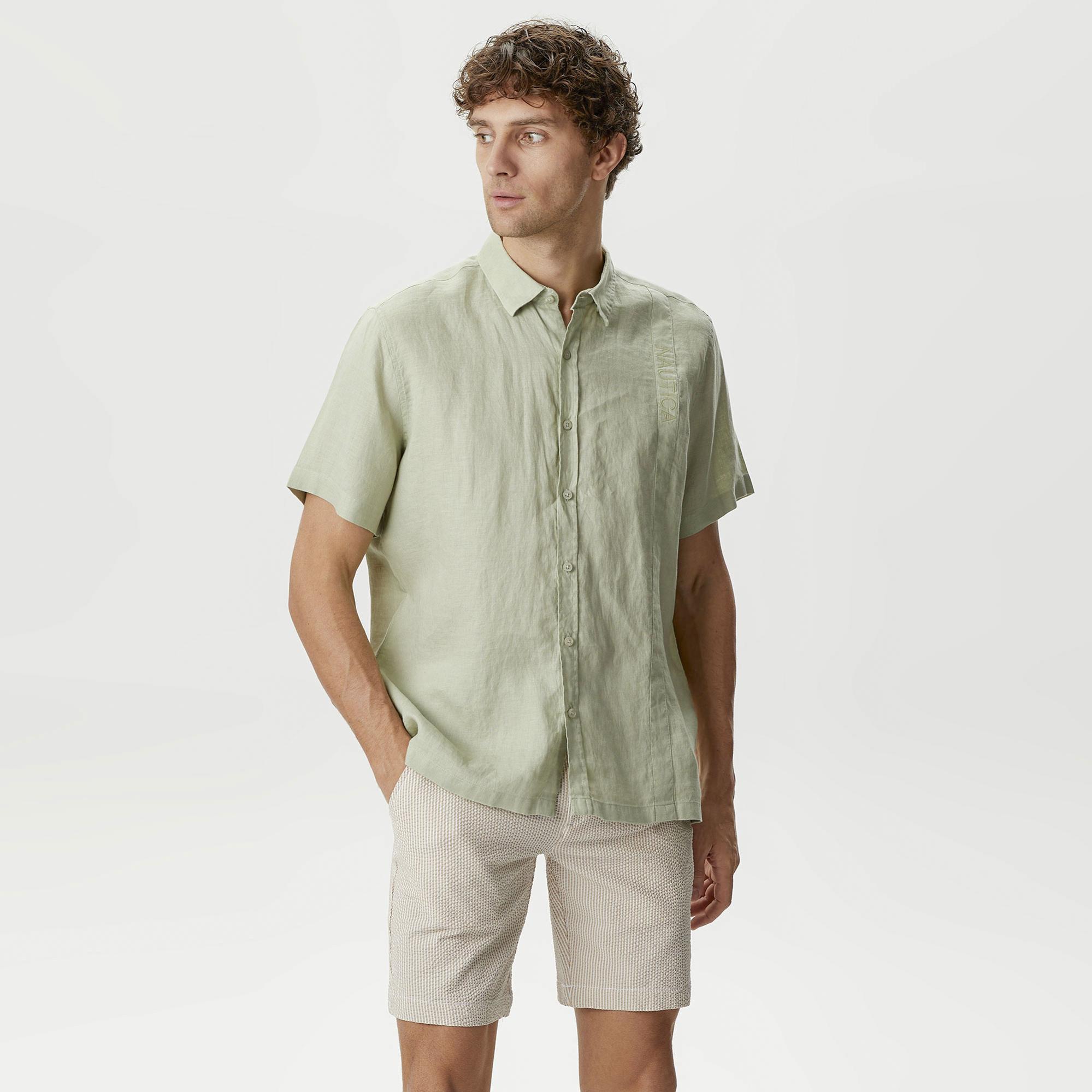 Nautica Erkek Yeşil Classic Fit Kısa Kollu Keten Gömlek