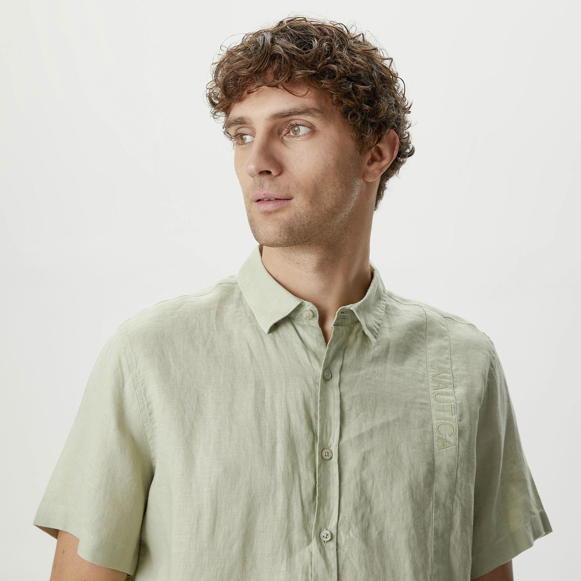 Nautica Erkek Yeşil Classic Fit Kısa Kollu Keten Gömlek