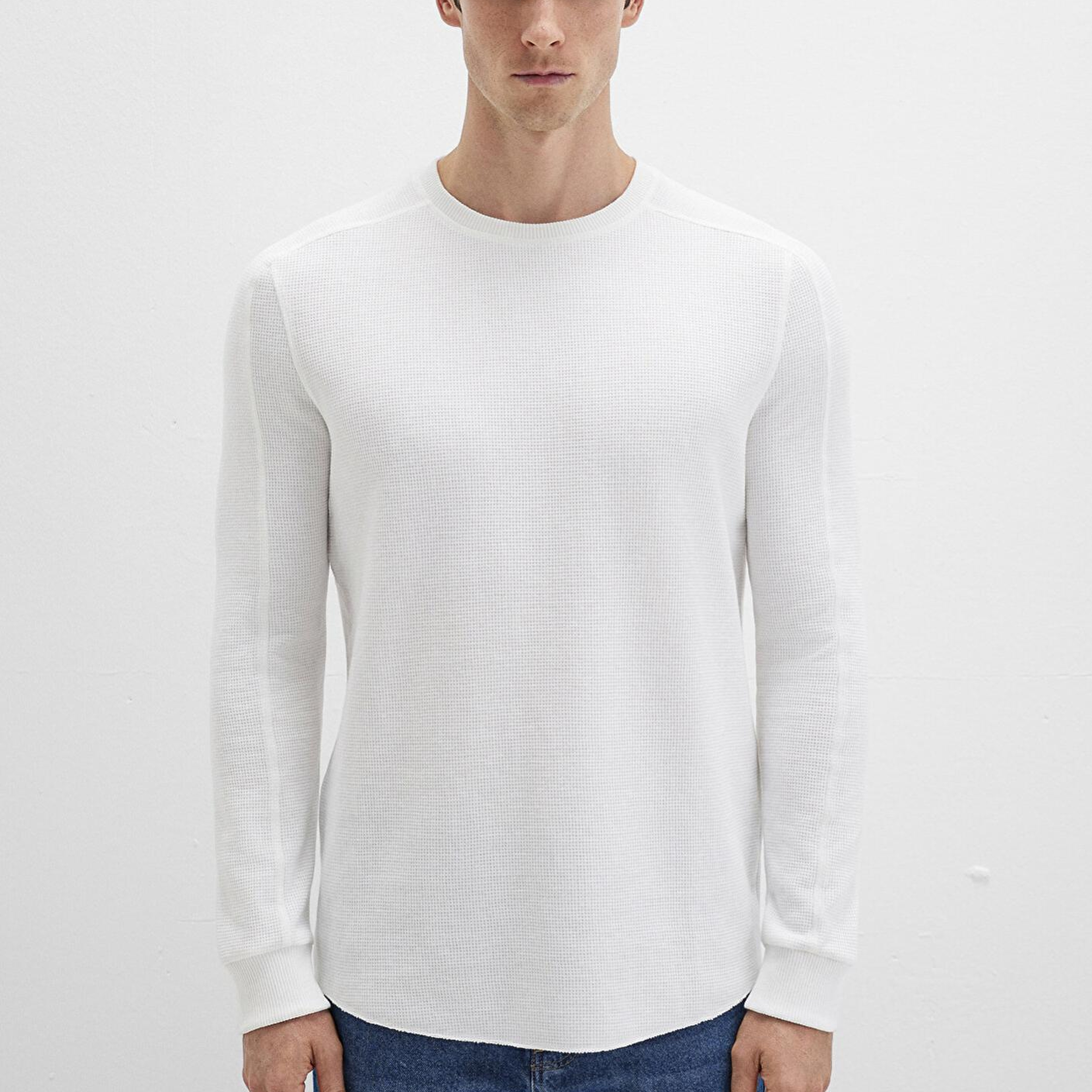 Mavi Uzun Kollu Dokulu Beyaz Basic Tişört Slim Fit / Dar Kesim 0610106-70054
