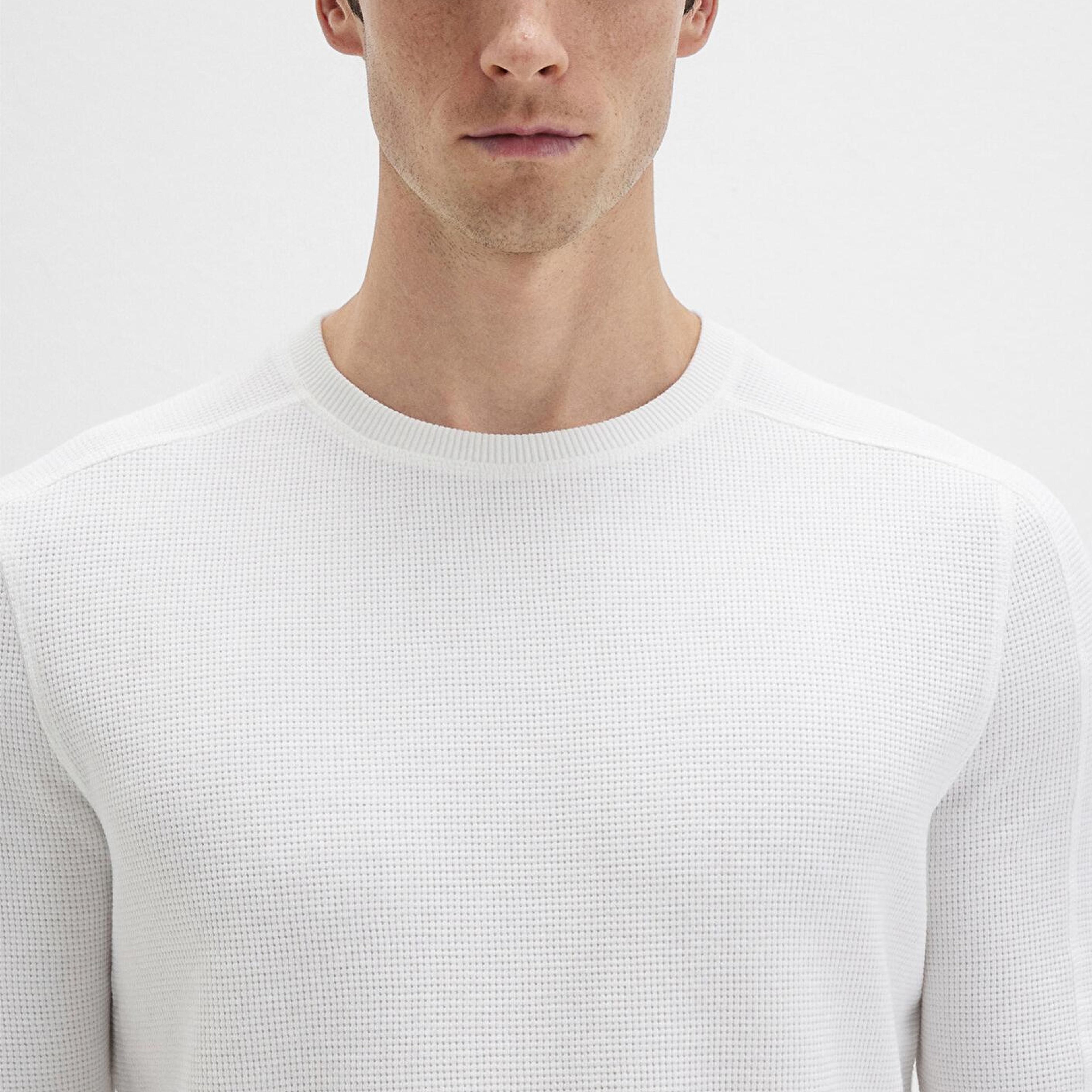 Mavi Uzun Kollu Dokulu Beyaz Basic Tişört Slim Fit / Dar Kesim 0610106-70054