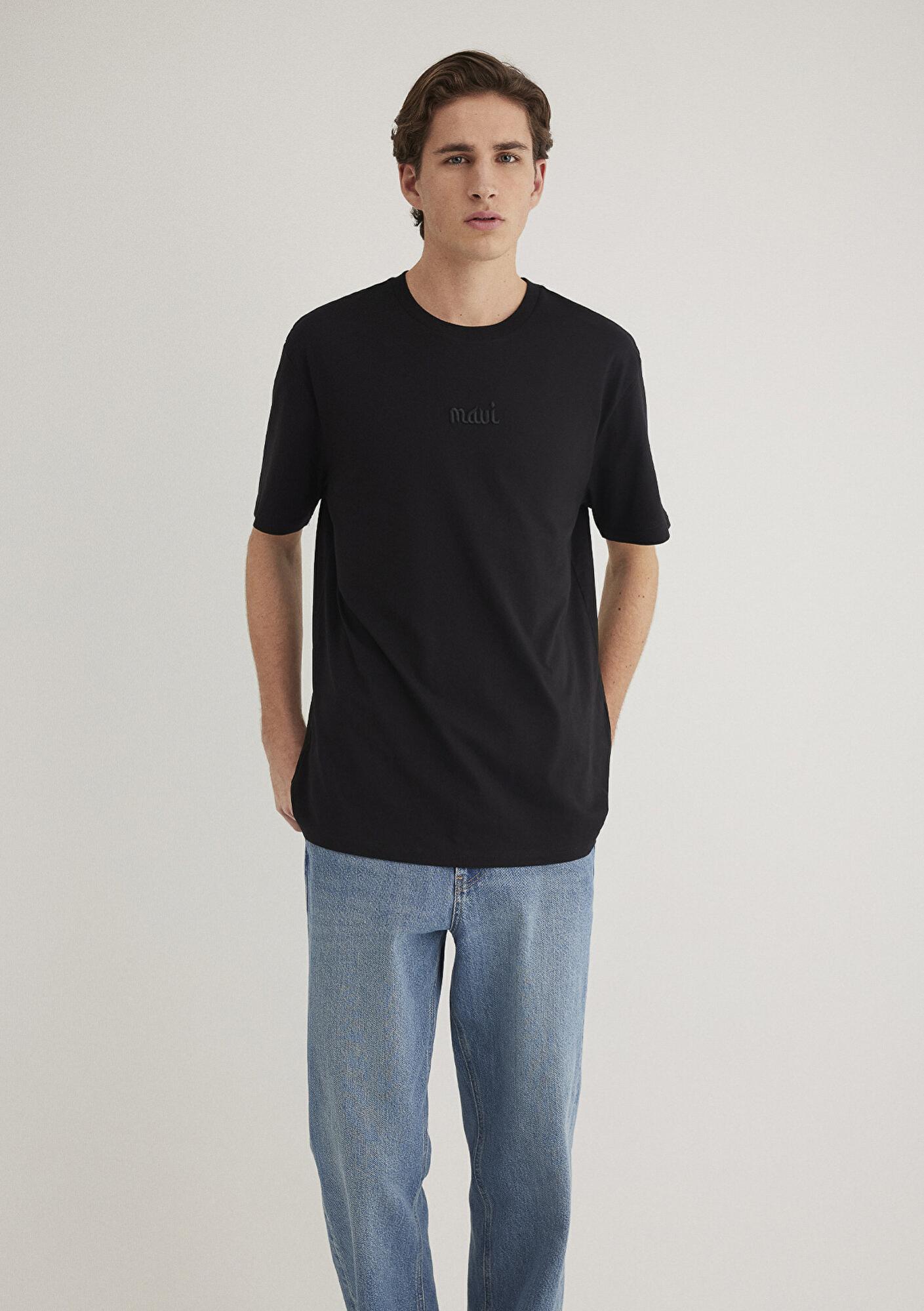 Mavi Mavi Nakışlı Siyah Basic Tişört Loose Fit / Bol Rahat Kesim 0610100-900