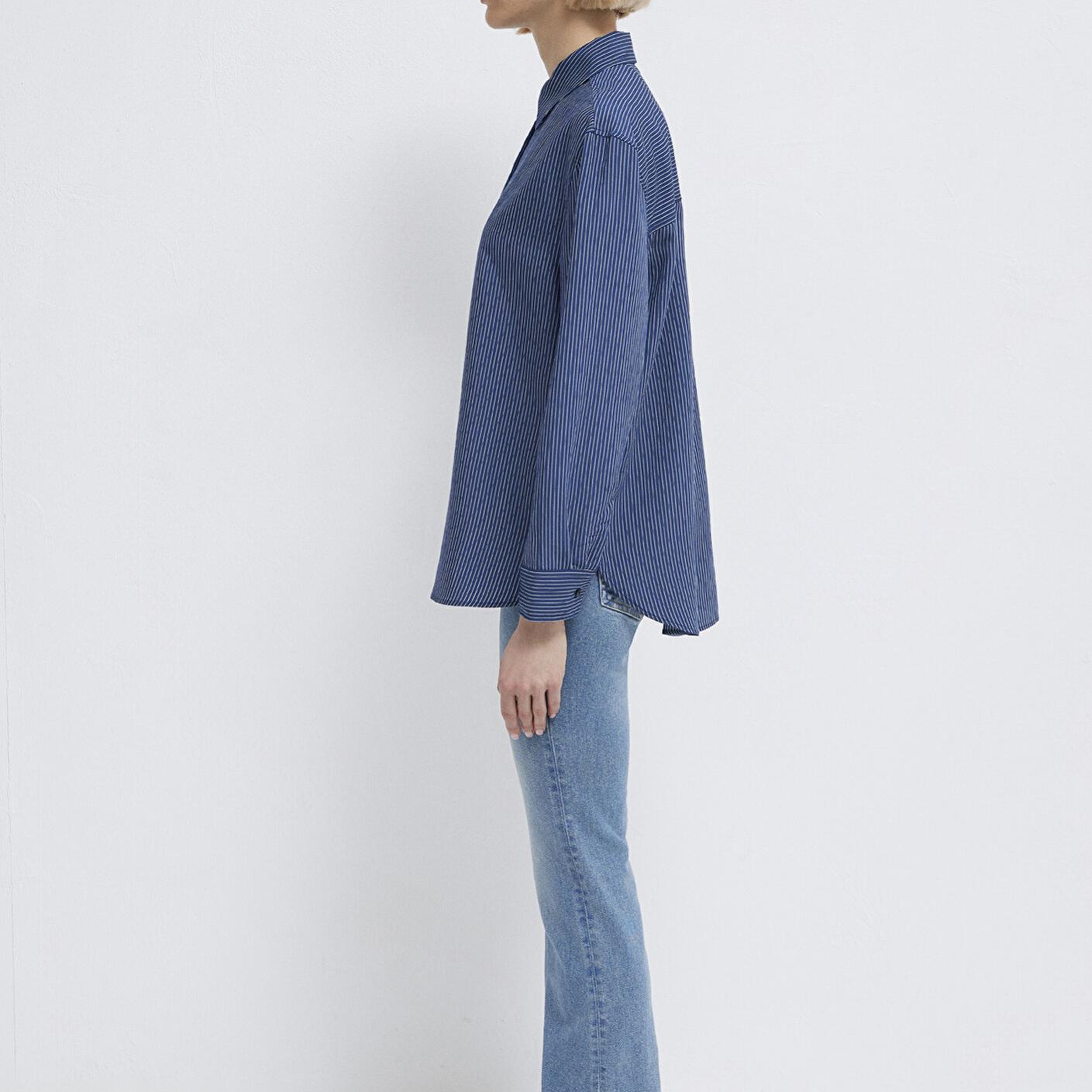 Mavi Çizgili Lacivert Gömlek Loose Fit / Bol Rahat Kesim 1210683-80736