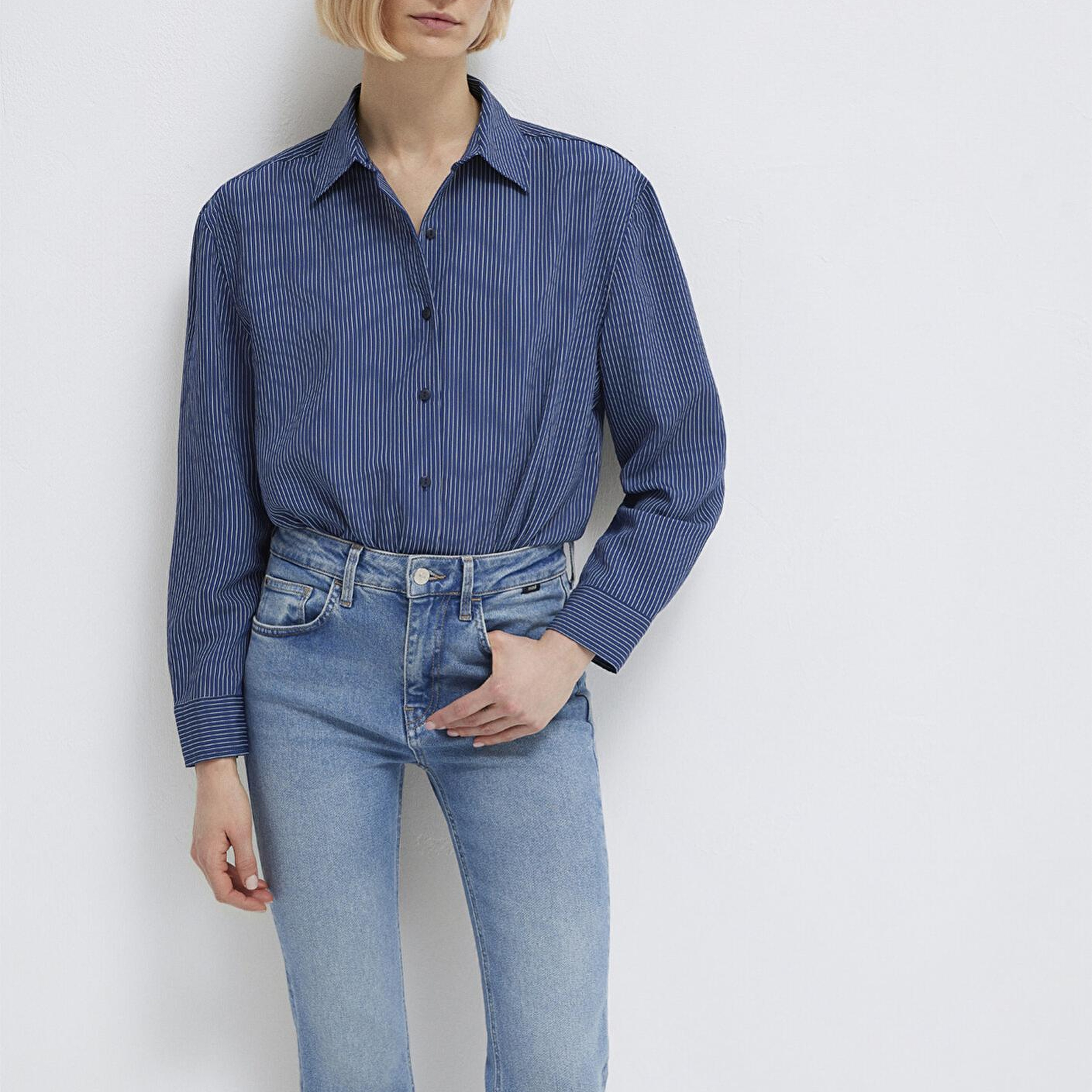 Mavi Çizgili Lacivert Gömlek Loose Fit / Bol Rahat Kesim 1210683-80736