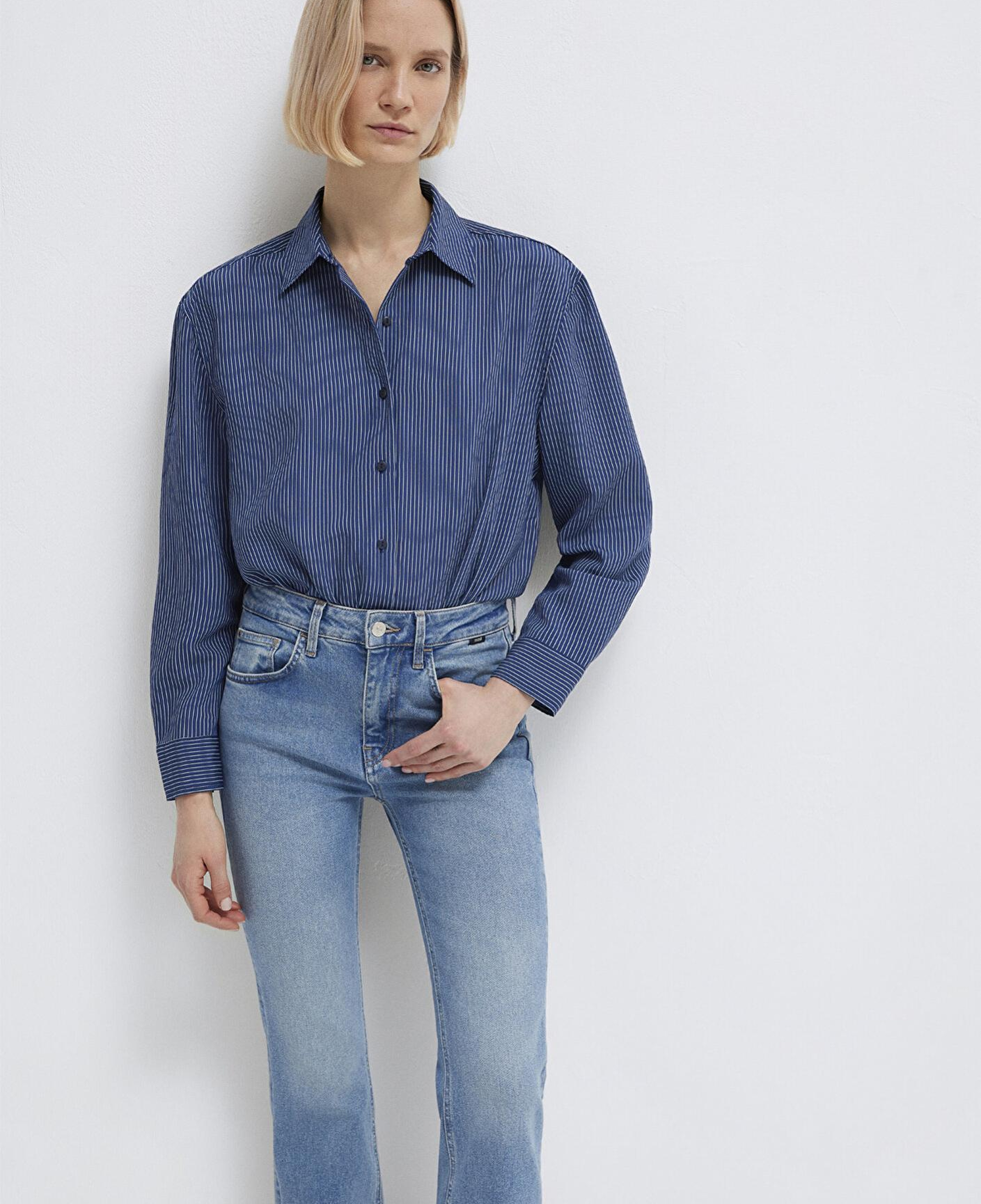 Mavi Çizgili Lacivert Gömlek Loose Fit / Bol Rahat Kesim 1210683-80736