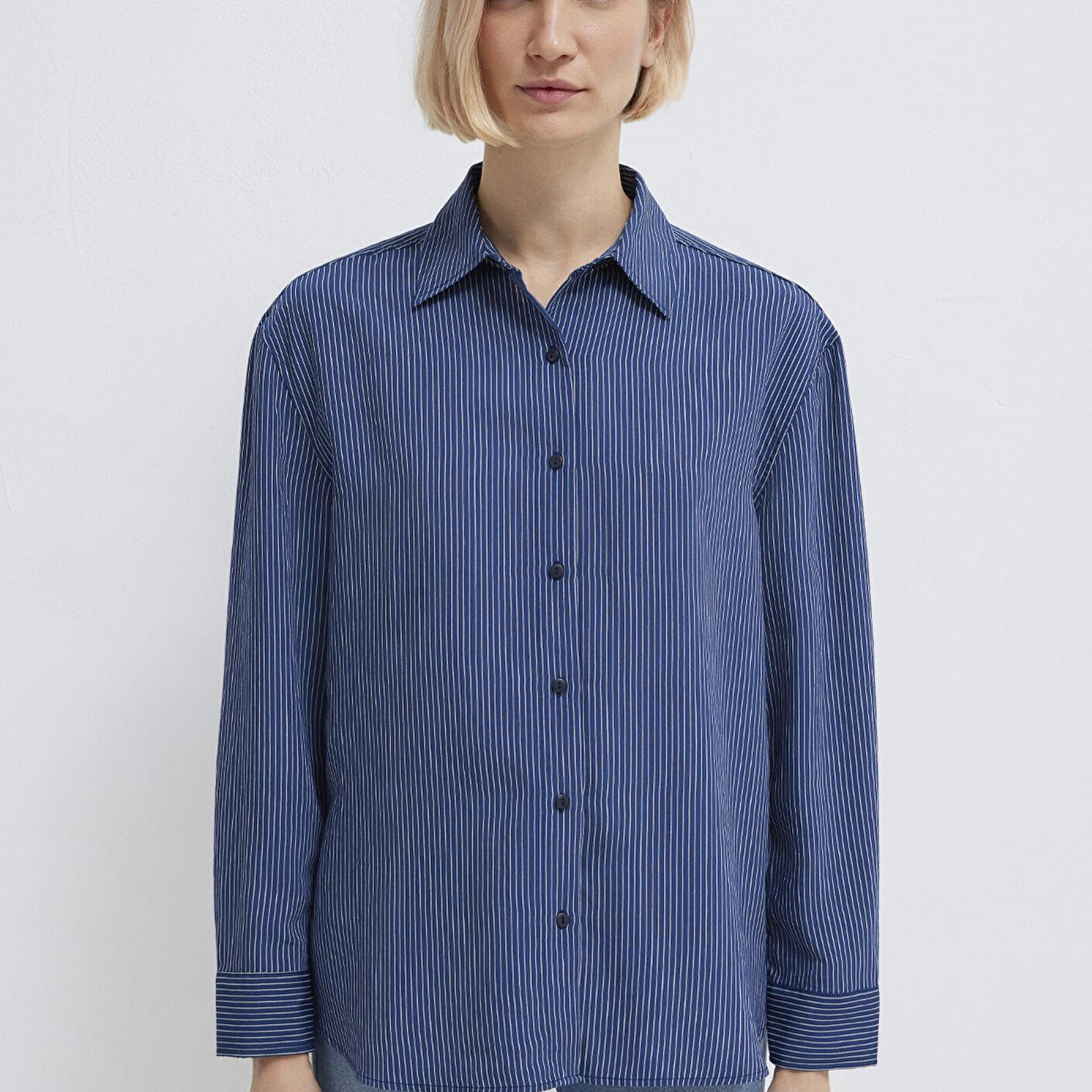 Mavi Çizgili Lacivert Gömlek Loose Fit / Bol Rahat Kesim 1210683-80736