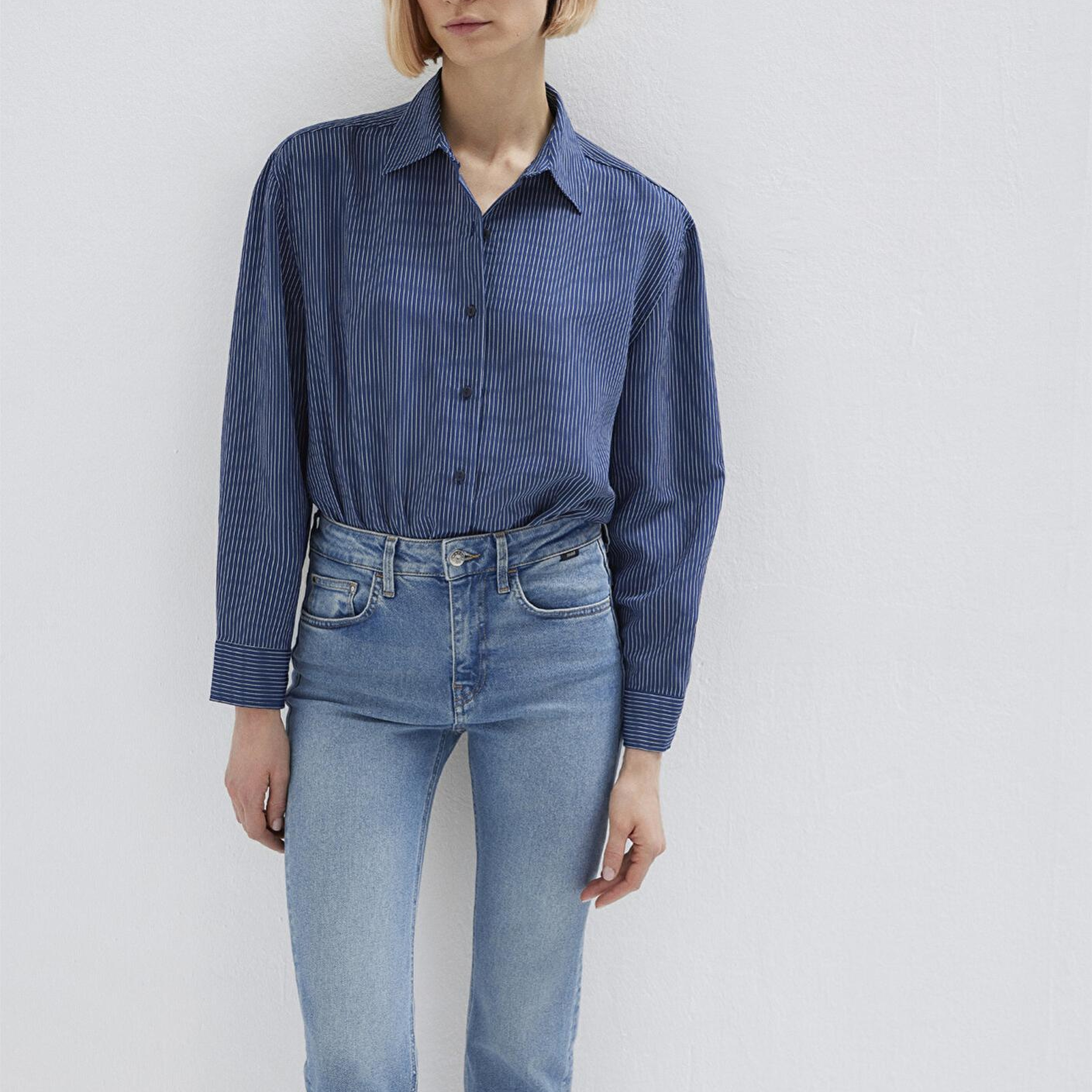 Mavi Çizgili Lacivert Gömlek Loose Fit / Bol Rahat Kesim 1210683-80736