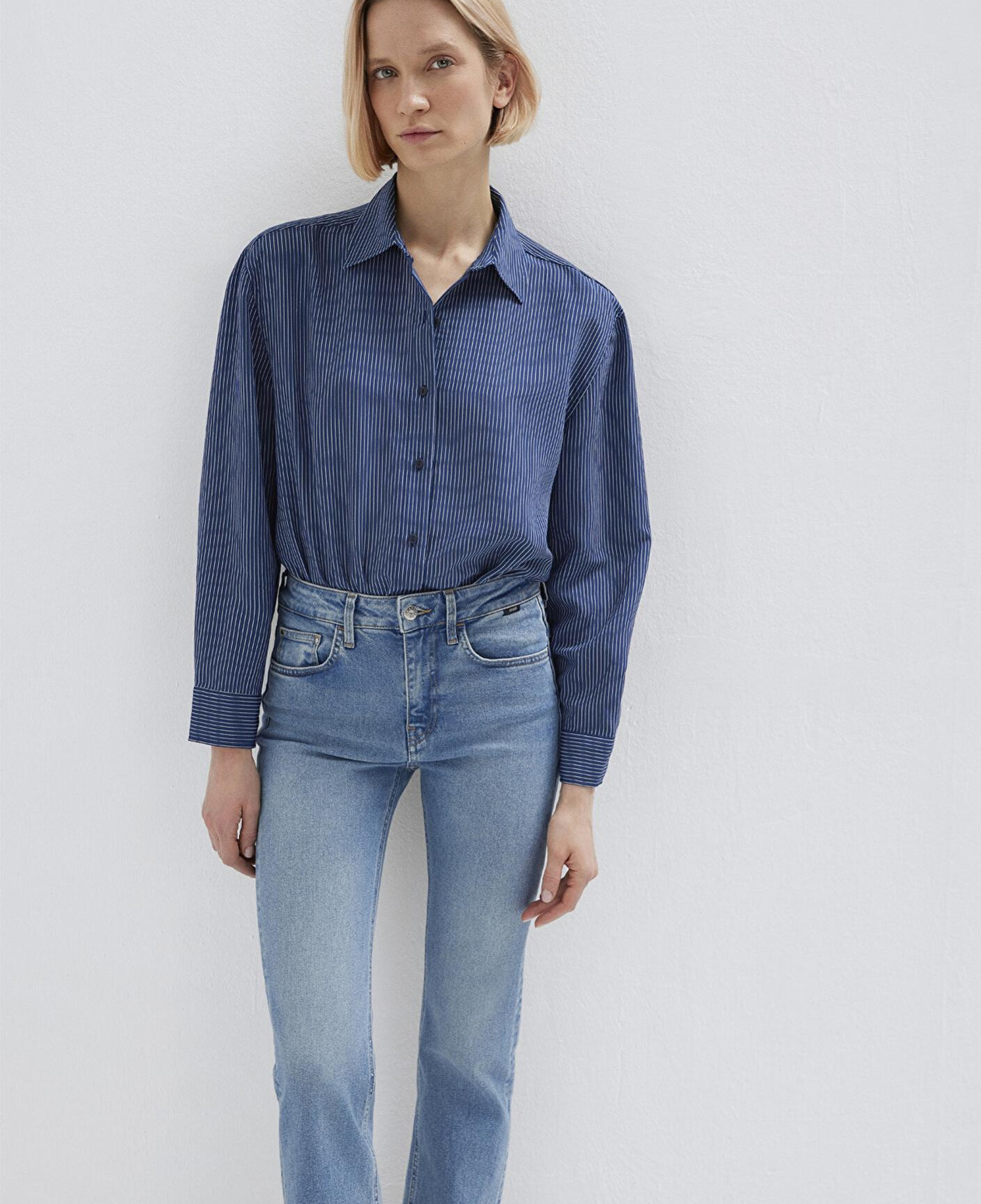 Mavi Çizgili Lacivert Gömlek Loose Fit / Bol Rahat Kesim 1210683-80736