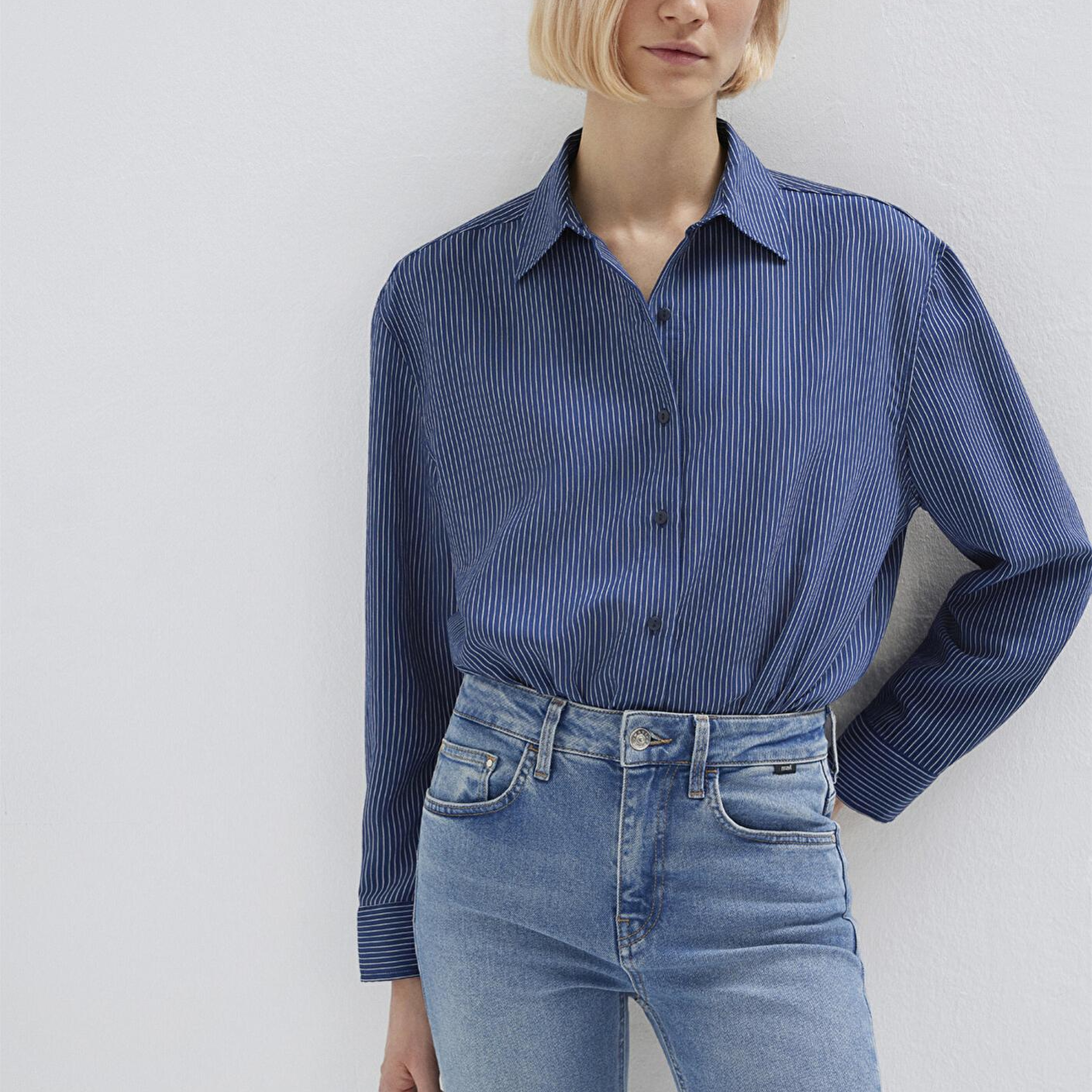 Mavi Çizgili Lacivert Gömlek Loose Fit / Bol Rahat Kesim 1210683-80736