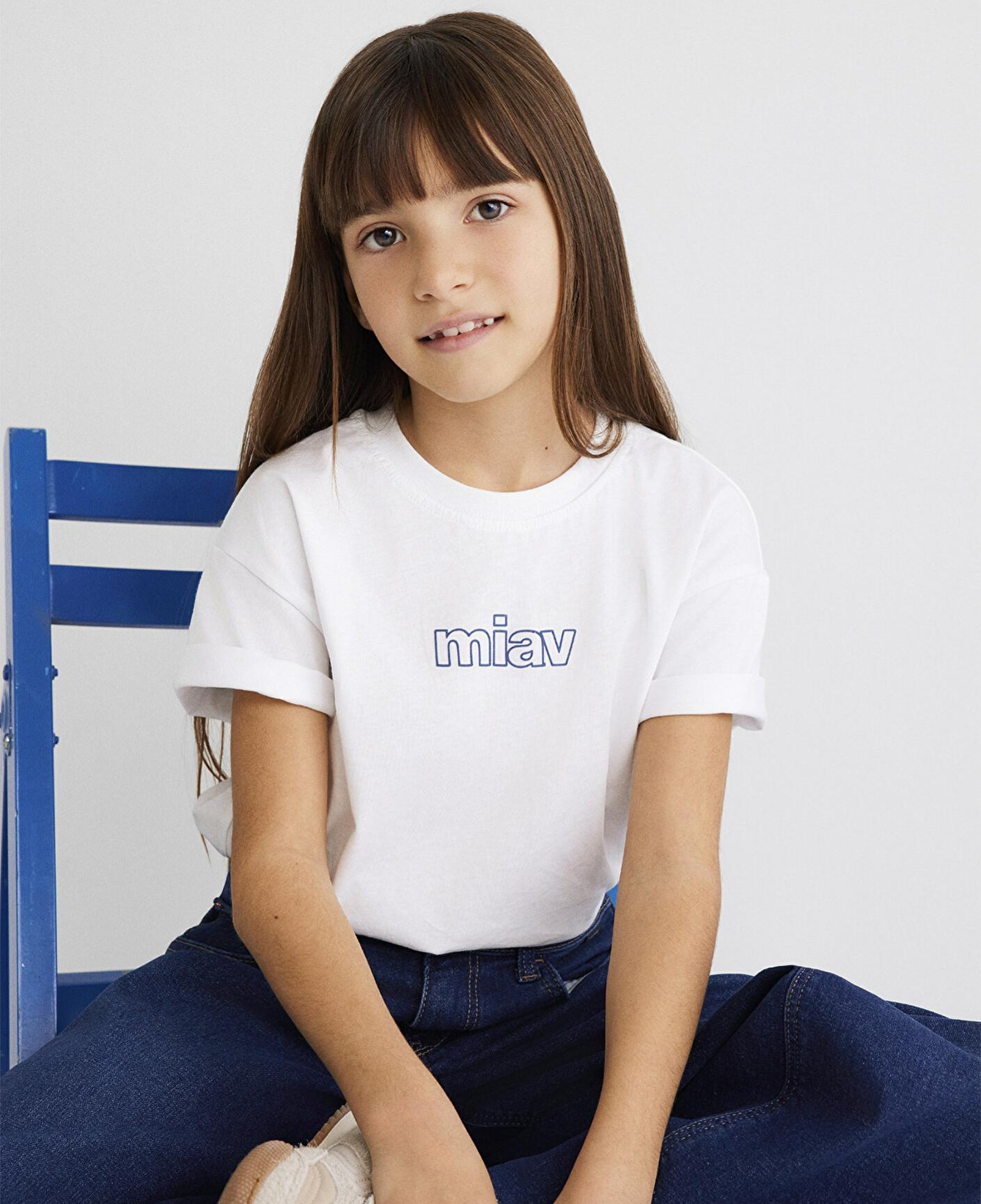 Mavi Miav Baskılı Beyaz Oversize Çocuk Tişört Loose Fit / Bol Rahat Kesim 7610158-620