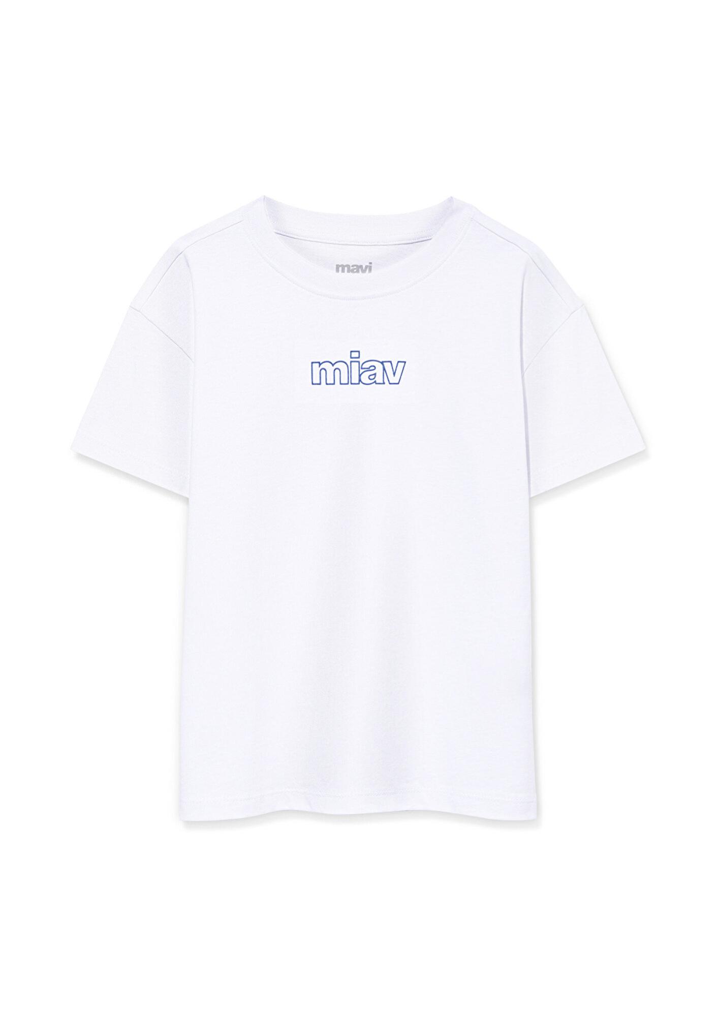 Mavi Miav Baskılı Beyaz Oversize Çocuk Tişört Loose Fit / Bol Rahat Kesim 7610158-620