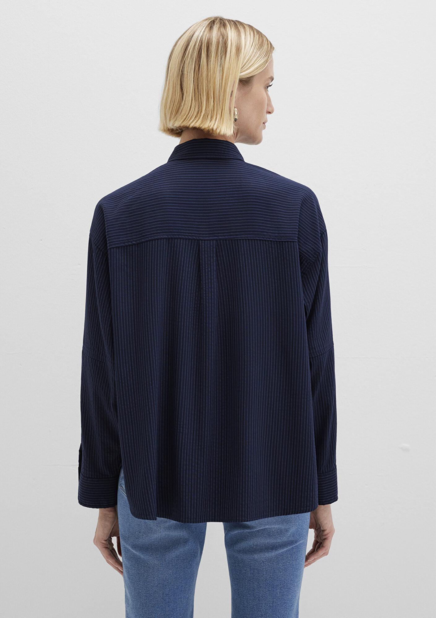 Mavi Çizgili Lacivert Gömlek Oversize / Geniş Kesim 1210878-83699