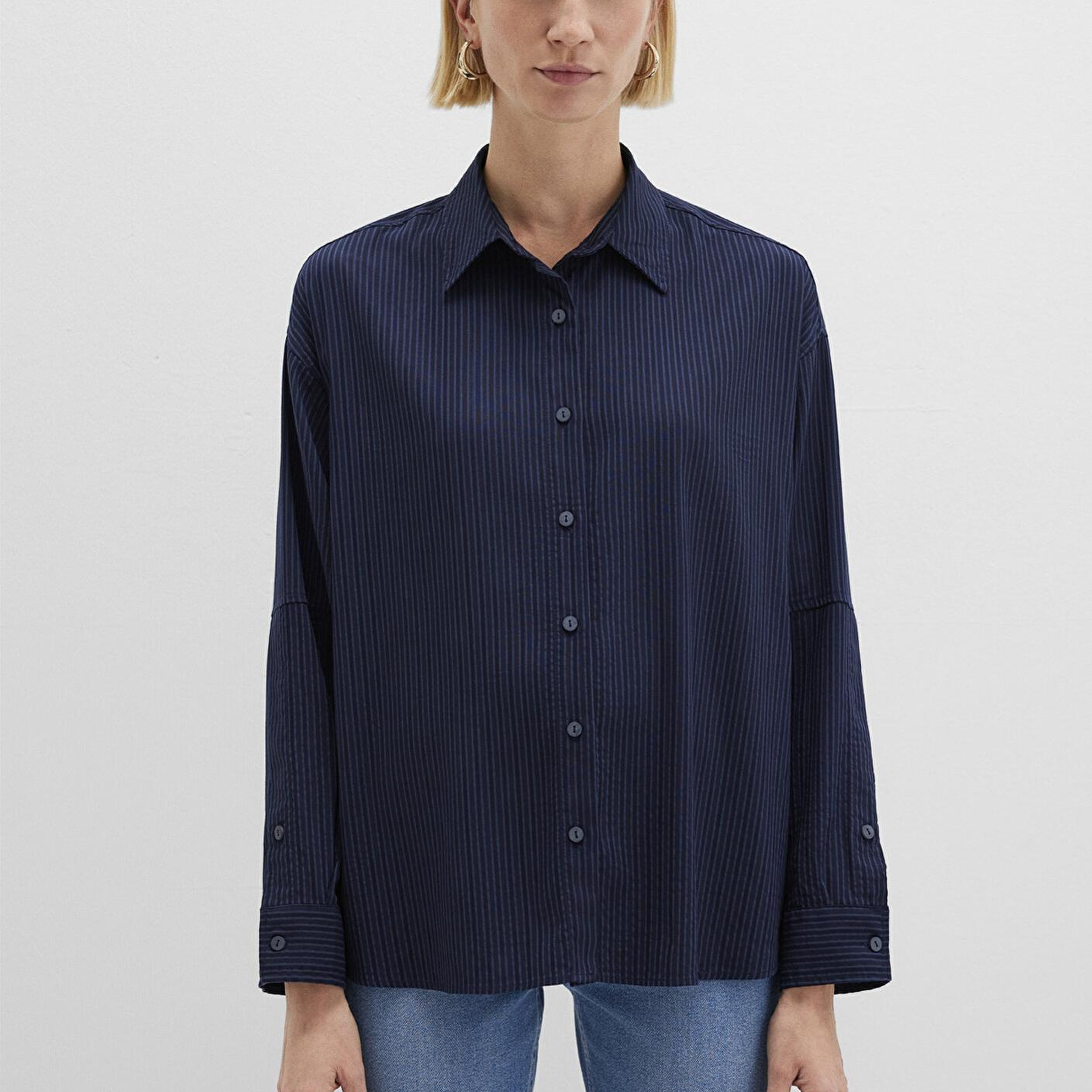 Mavi Çizgili Lacivert Gömlek Oversize / Geniş Kesim 1210878-83699