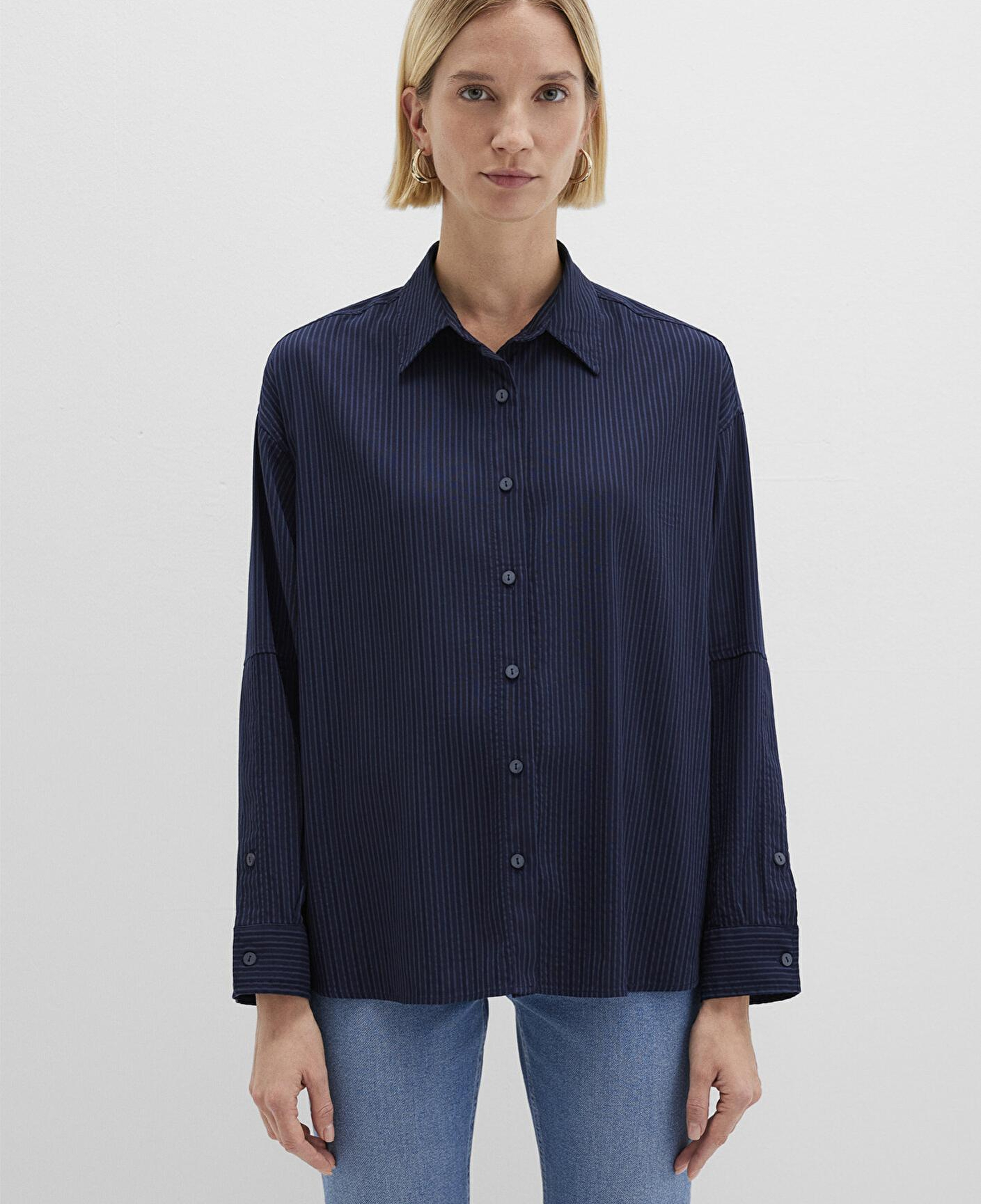 Mavi Çizgili Lacivert Gömlek Oversize / Geniş Kesim 1210878-83699