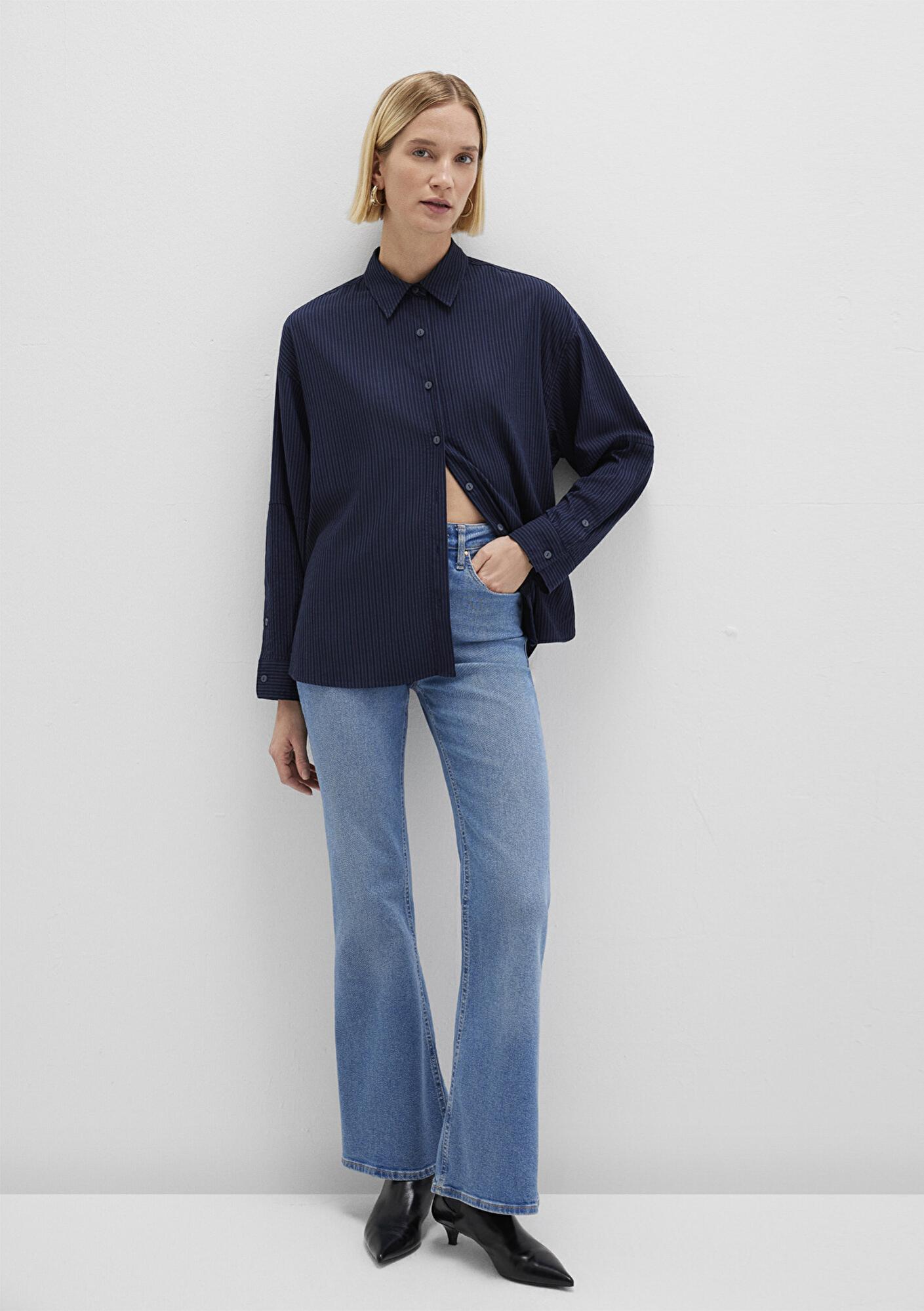 Mavi Çizgili Lacivert Gömlek Oversize / Geniş Kesim 1210878-83699