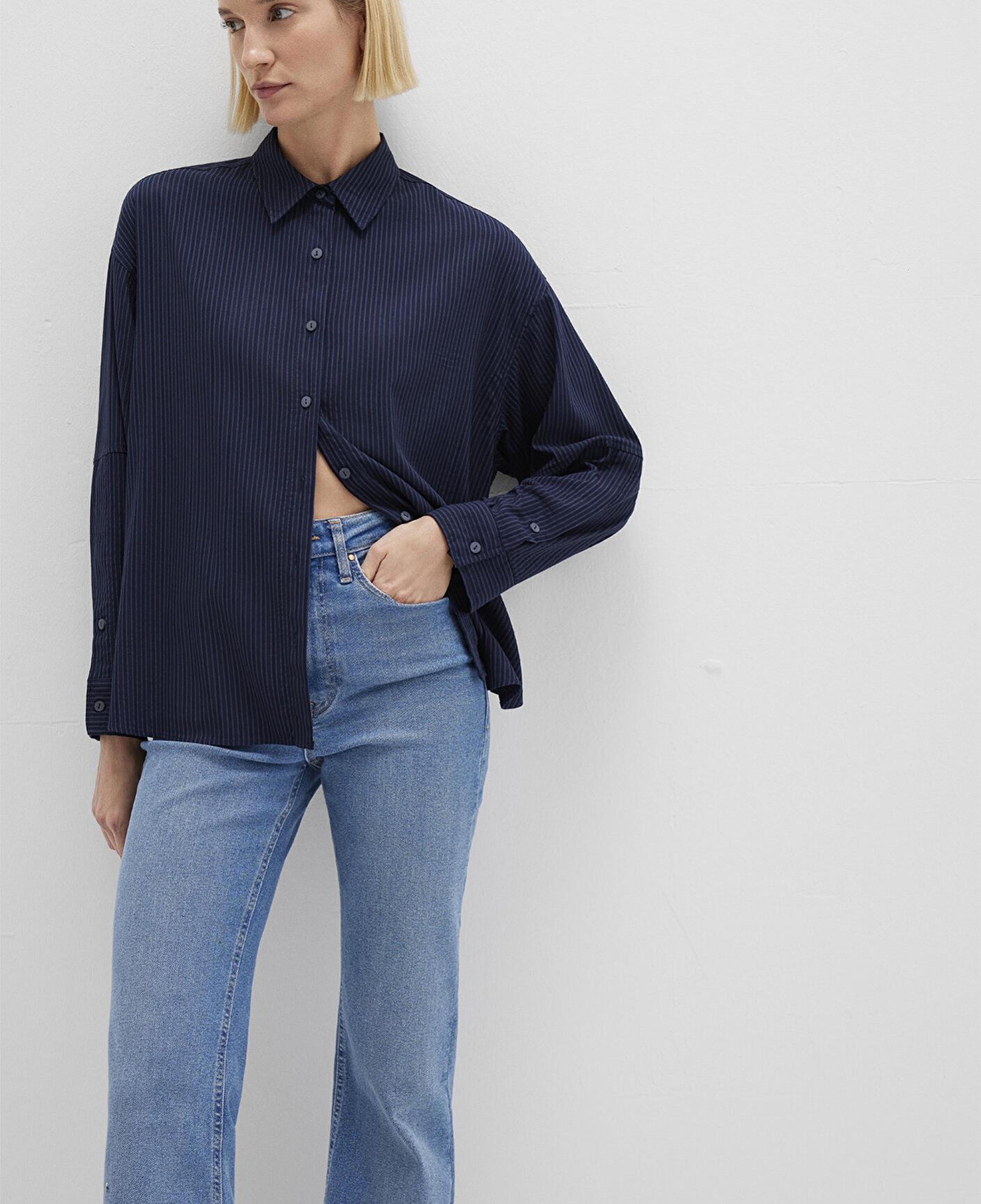 Mavi Çizgili Lacivert Gömlek Oversize / Geniş Kesim 1210878-83699