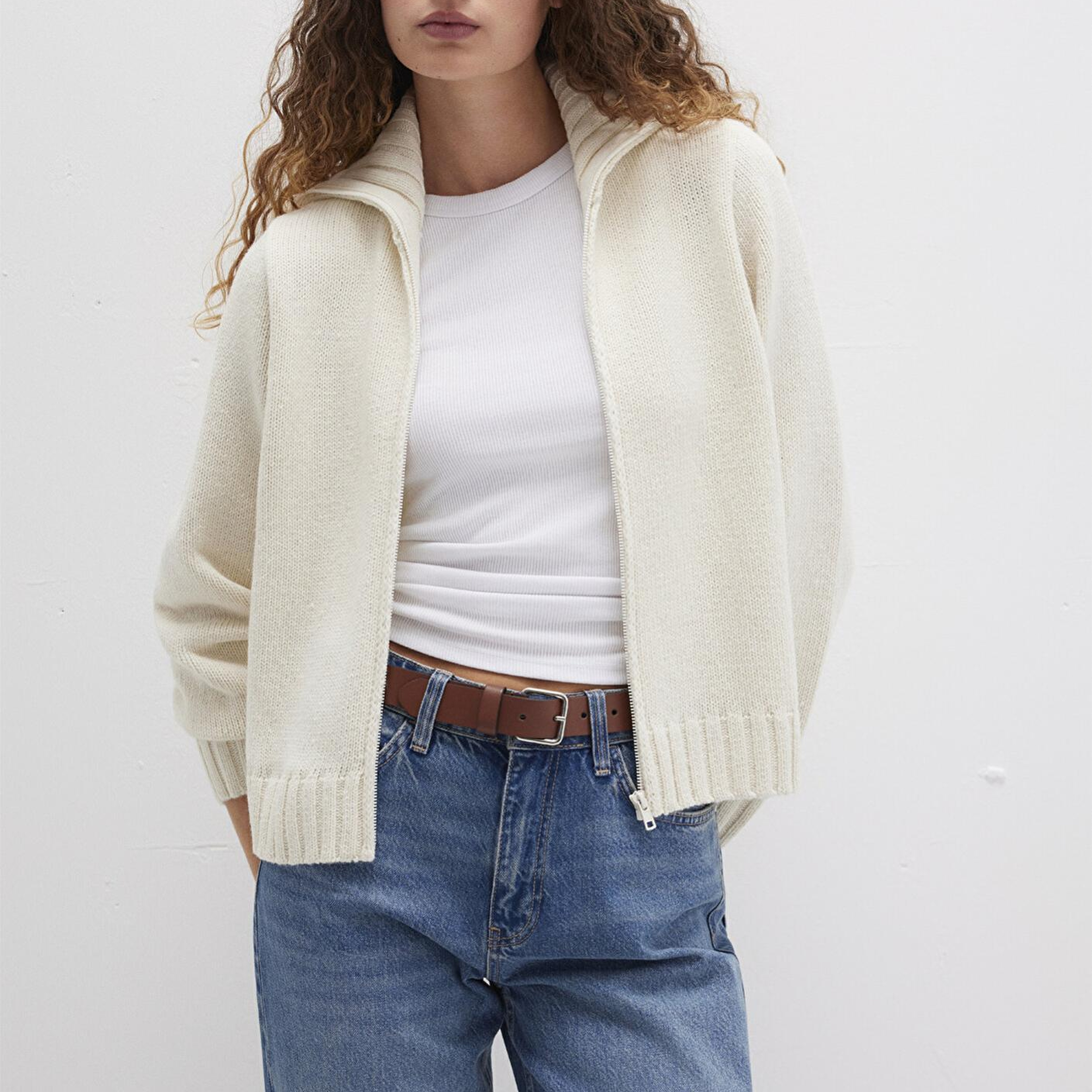 Mavi Yün Karışımlı Fermuarlı Ekru Hırka Regular Fit / Normal Kesim 1710482-70057