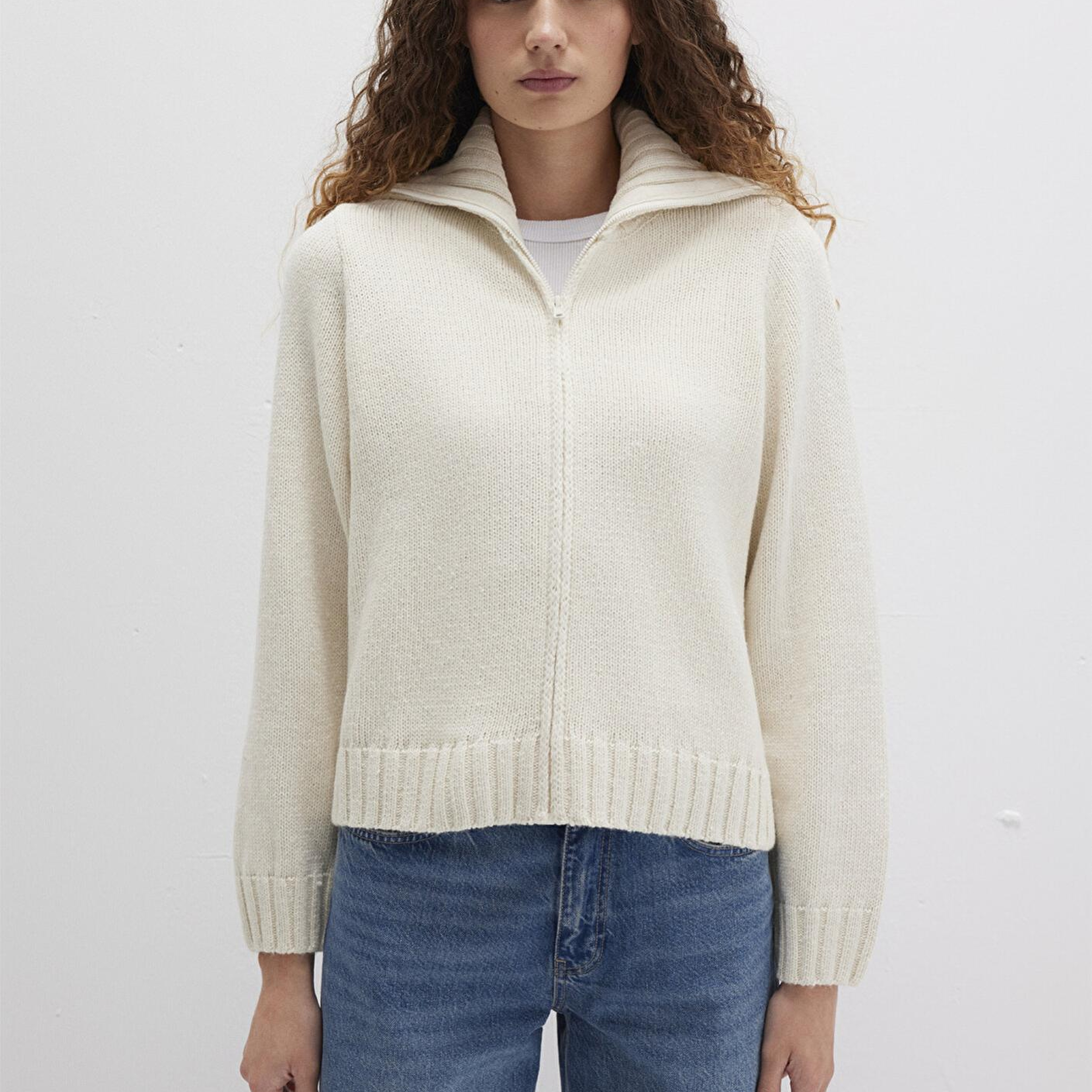 Mavi Yün Karışımlı Fermuarlı Ekru Hırka Regular Fit / Normal Kesim 1710482-70057