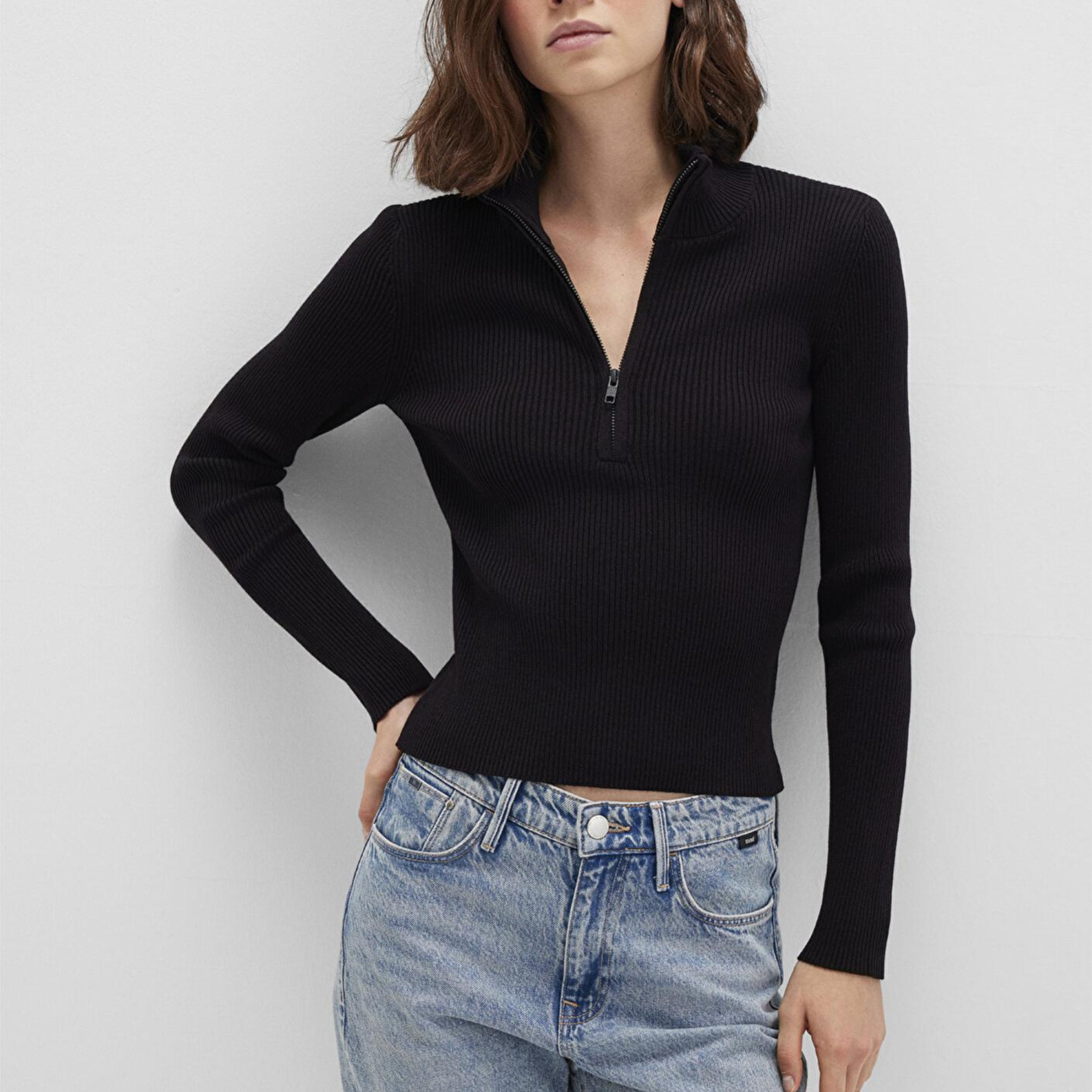 Mavi Yarı Fermuarlı Dik Yaka Siyah Kazak Fitted / Vücuda Oturan Kesim 1710519-900