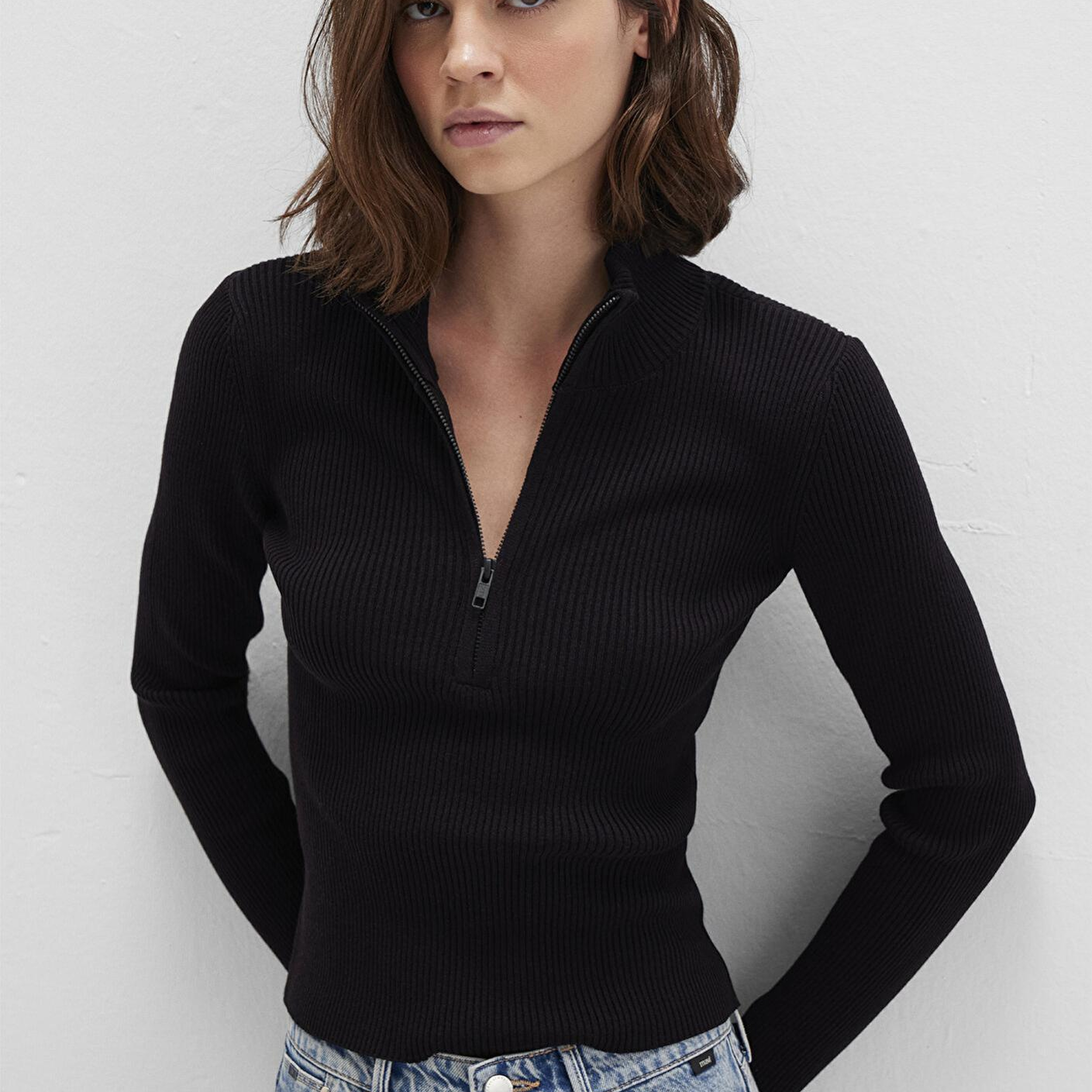 Mavi Yarı Fermuarlı Dik Yaka Siyah Kazak Fitted / Vücuda Oturan Kesim 1710519-900