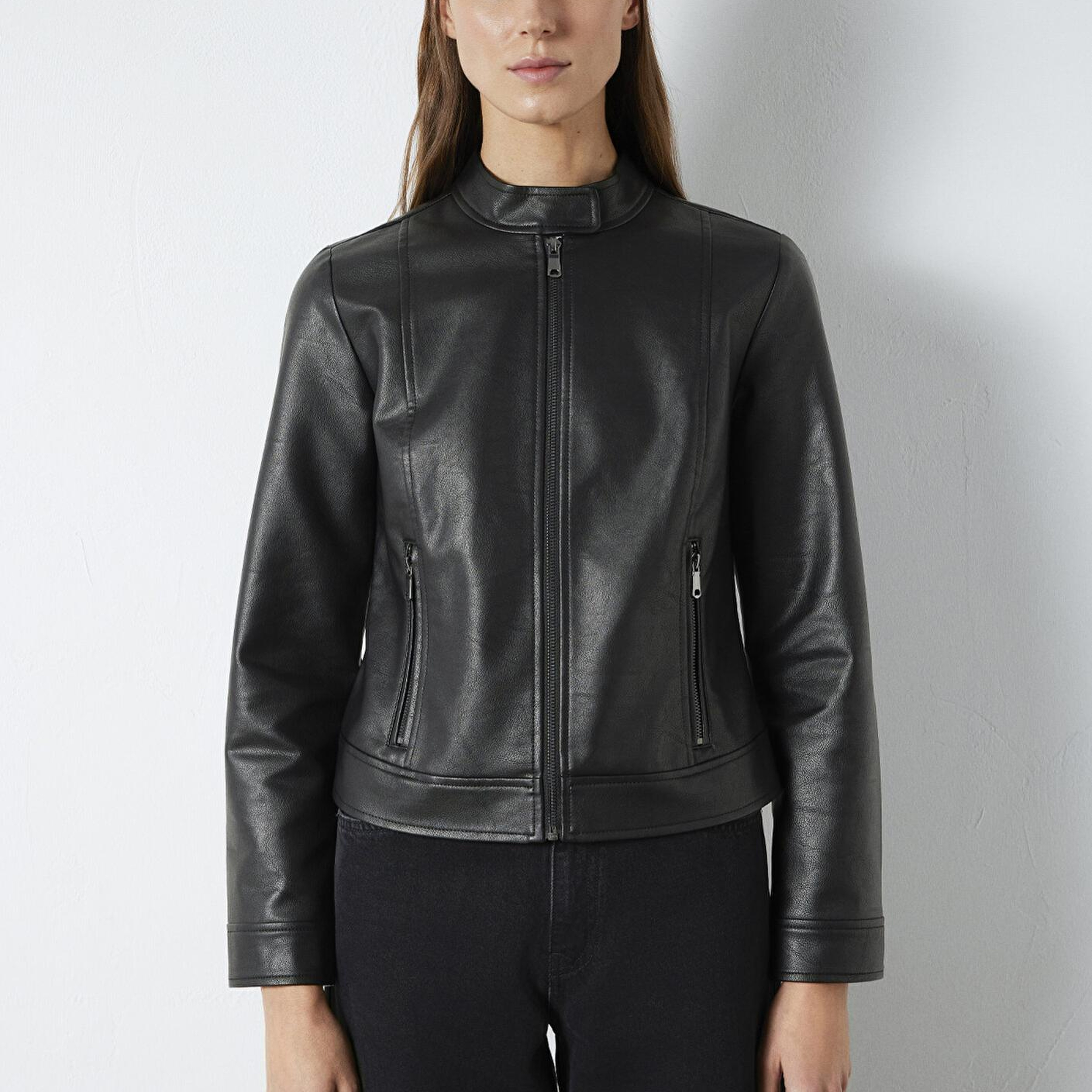 Mavi Siyah Suni Deri Ceket Fitted / Vücuda Oturan Kesim 1110598-900