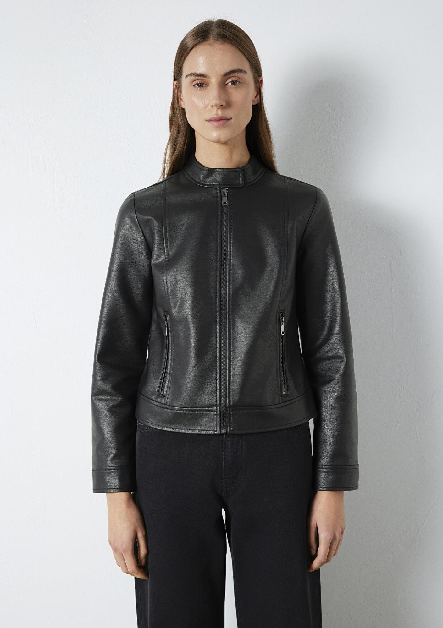 Mavi Siyah Suni Deri Ceket Fitted / Vücuda Oturan Kesim 1110598-900