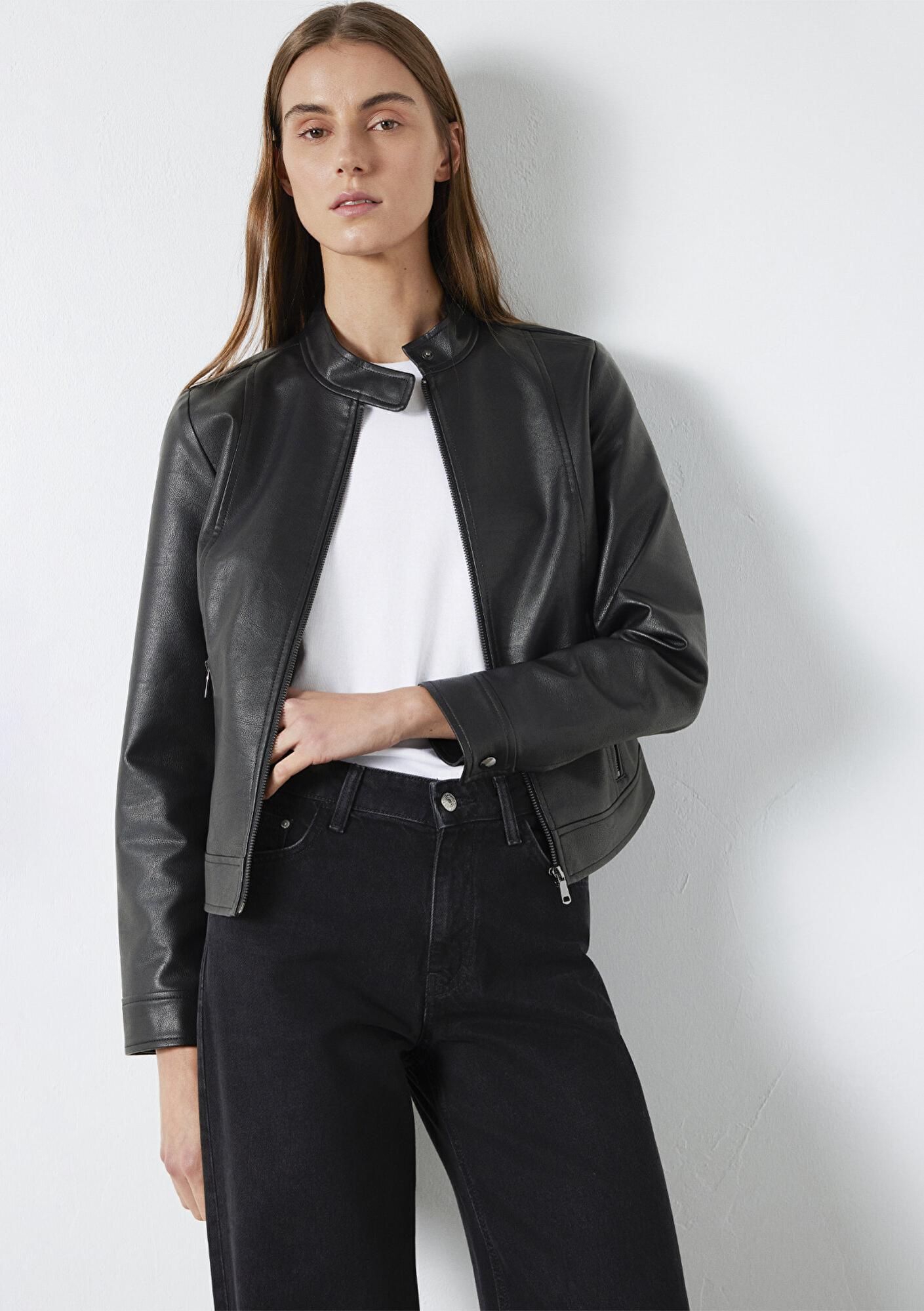 Mavi Siyah Suni Deri Ceket Fitted / Vücuda Oturan Kesim 1110598-900