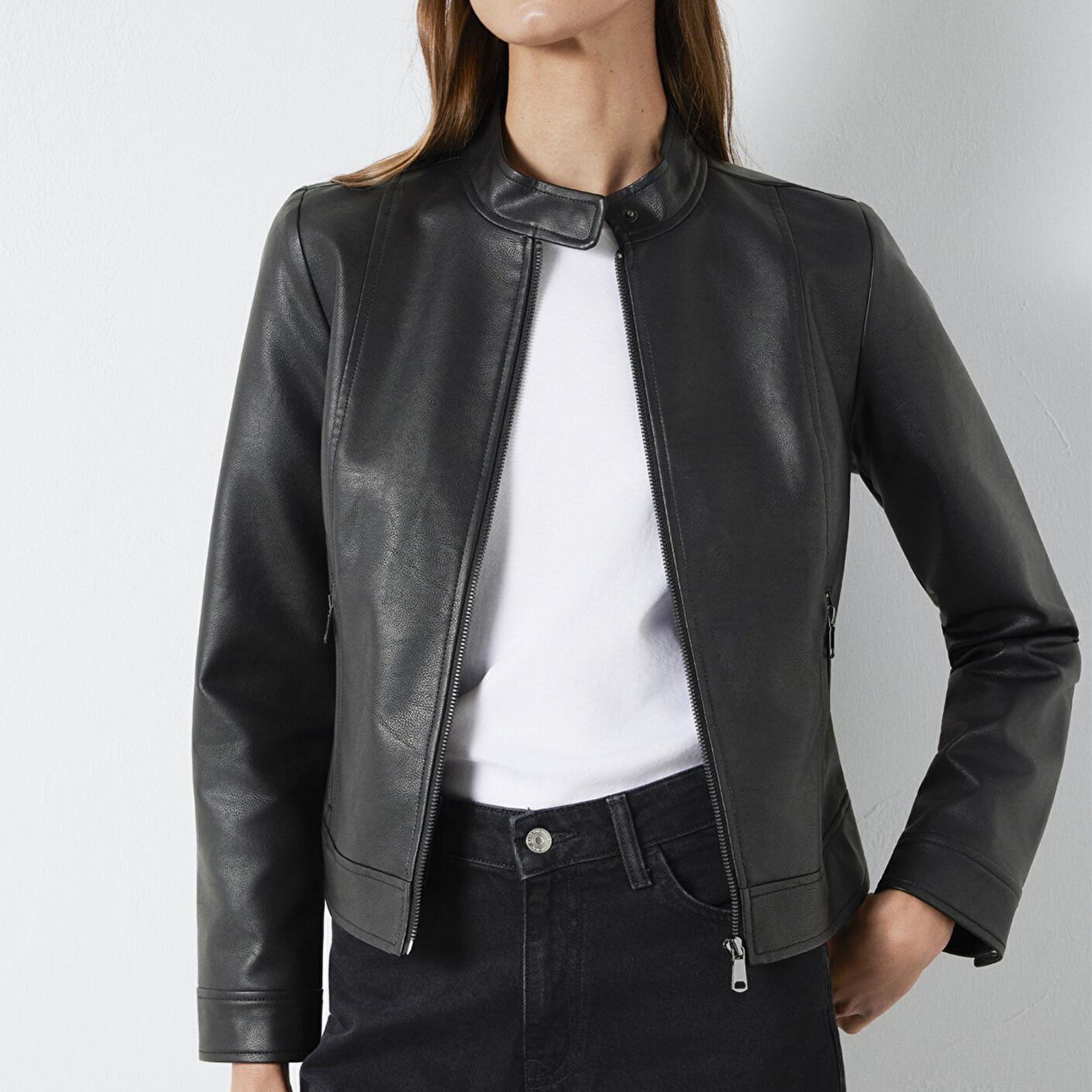 Mavi Siyah Suni Deri Ceket Fitted / Vücuda Oturan Kesim 1110598-900