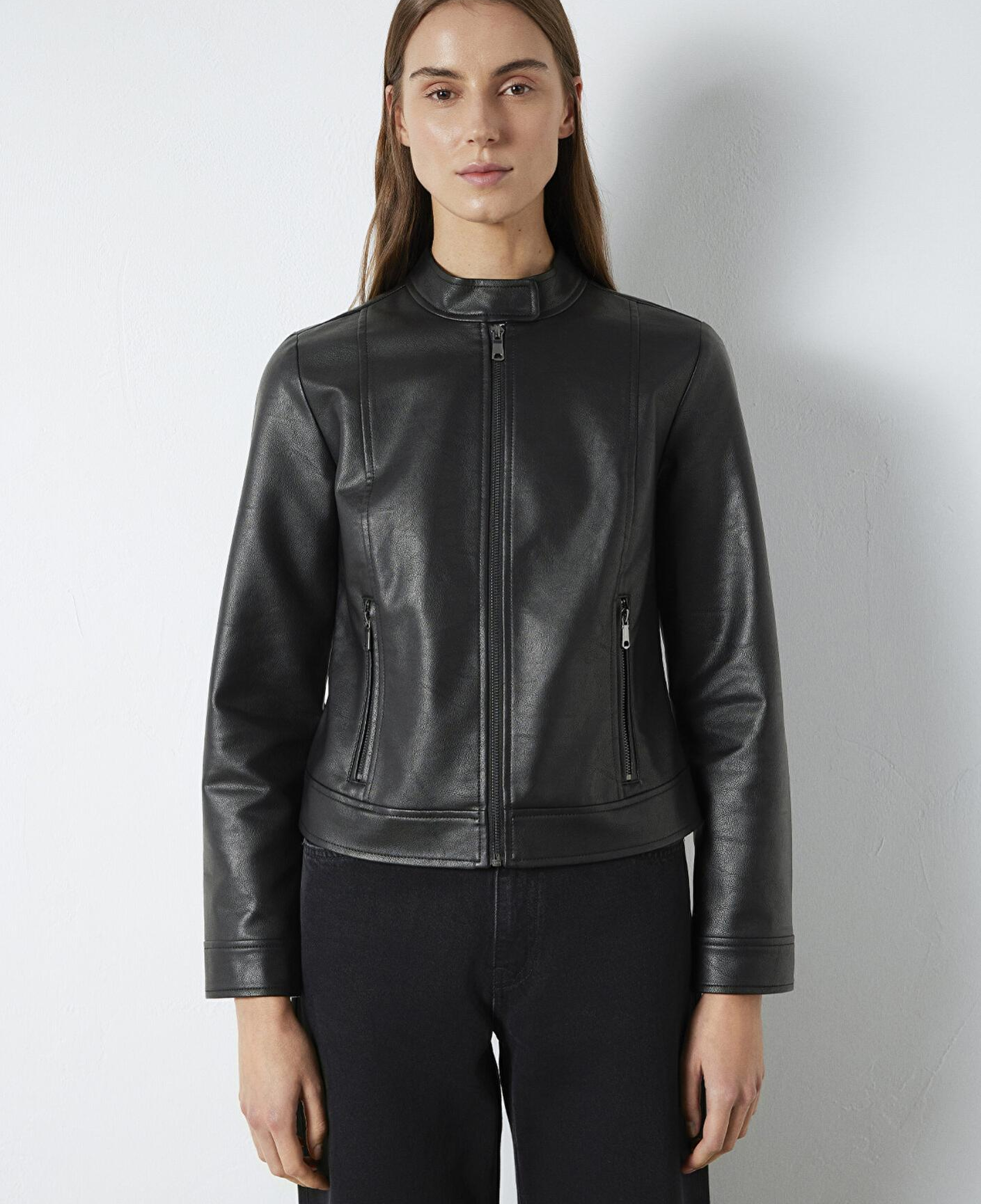 Mavi Siyah Suni Deri Ceket Fitted / Vücuda Oturan Kesim 1110598-900