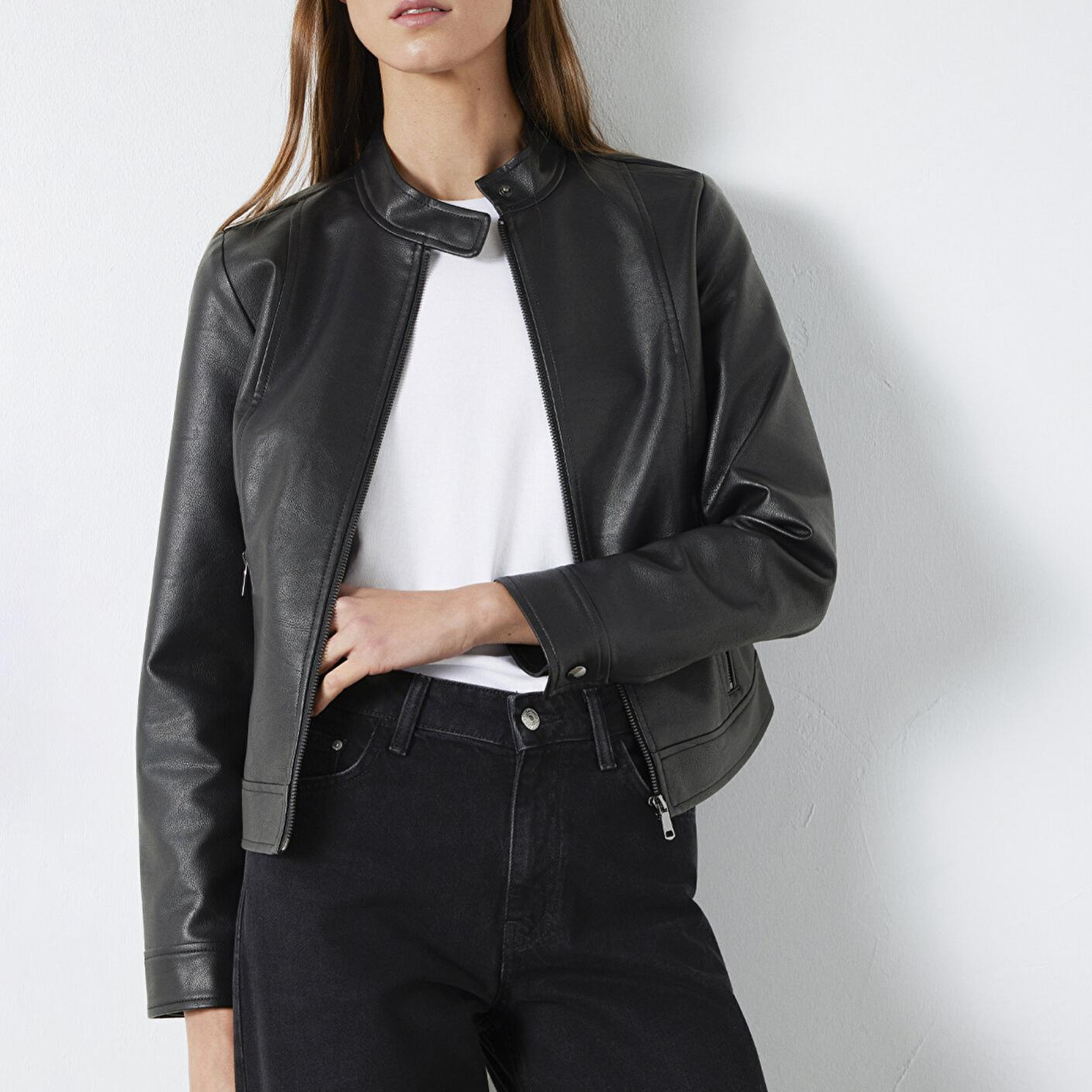 Mavi Siyah Suni Deri Ceket Fitted / Vücuda Oturan Kesim 1110598-900