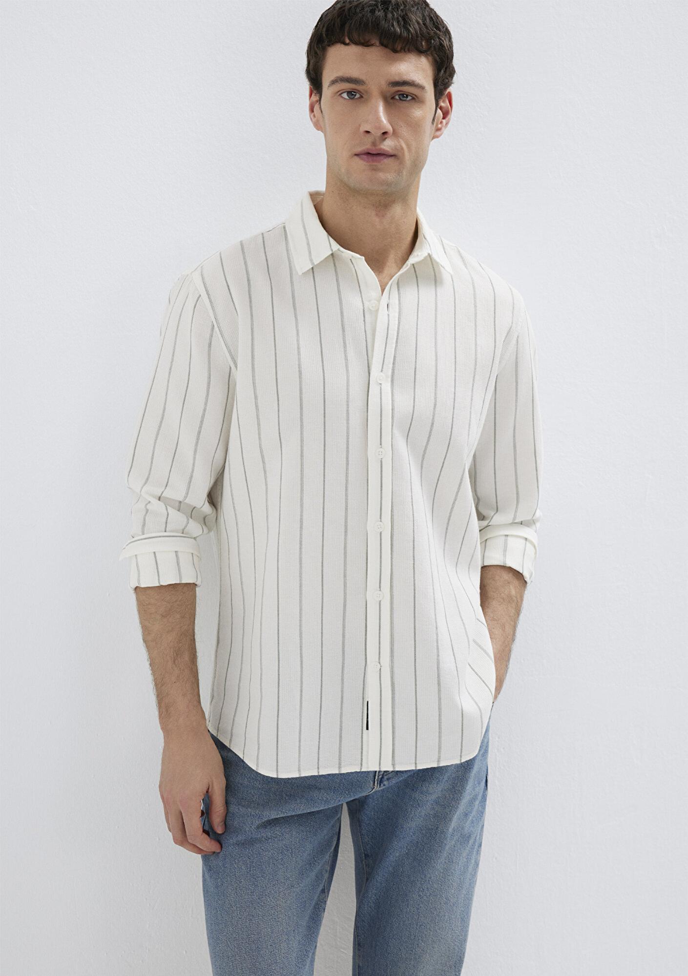 Mavi Haki Çizgili Ekru Gömlek Regular Fit / Normal Kesim 0211384-80692