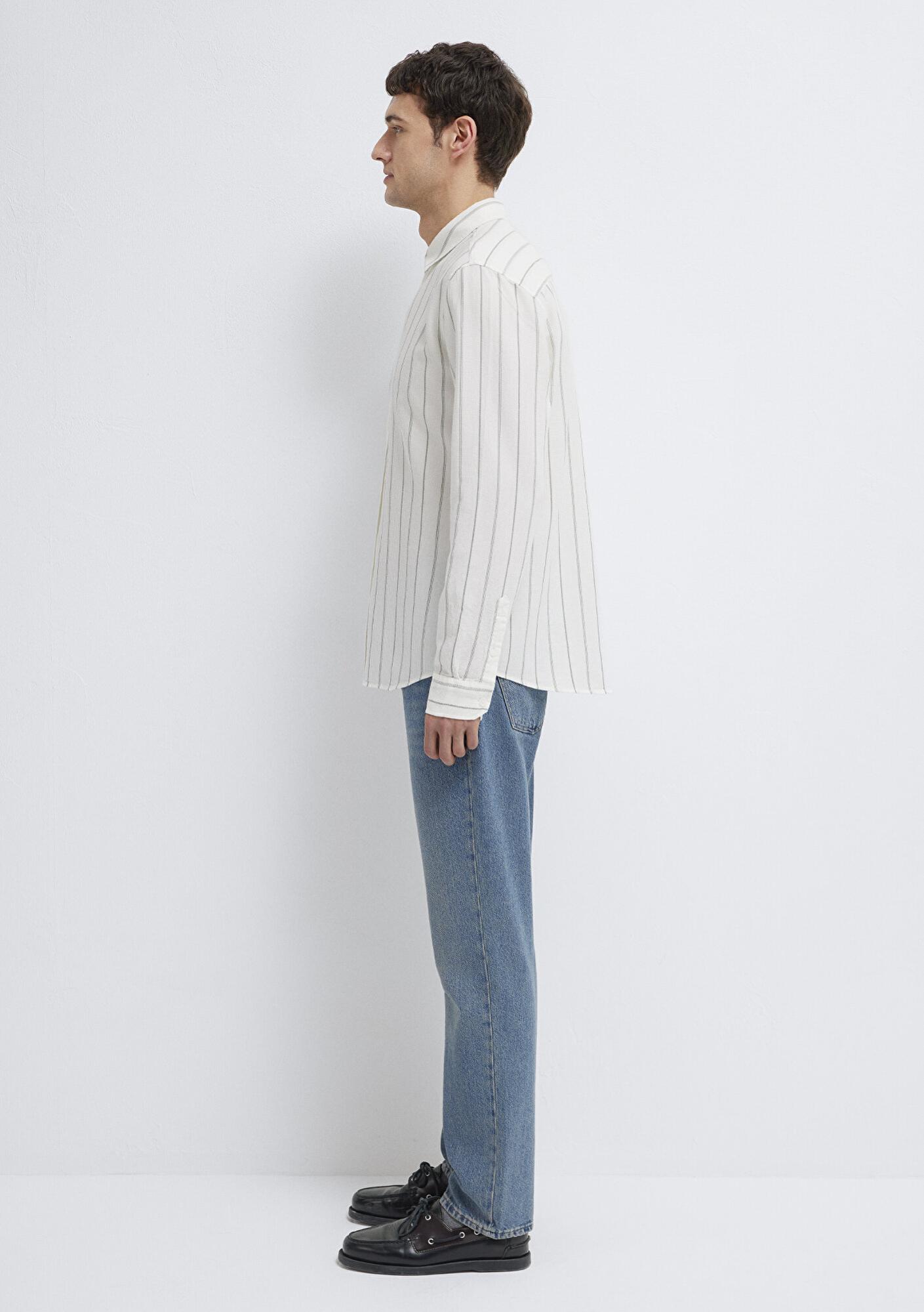 Mavi Haki Çizgili Ekru Gömlek Regular Fit / Normal Kesim 0211384-80692