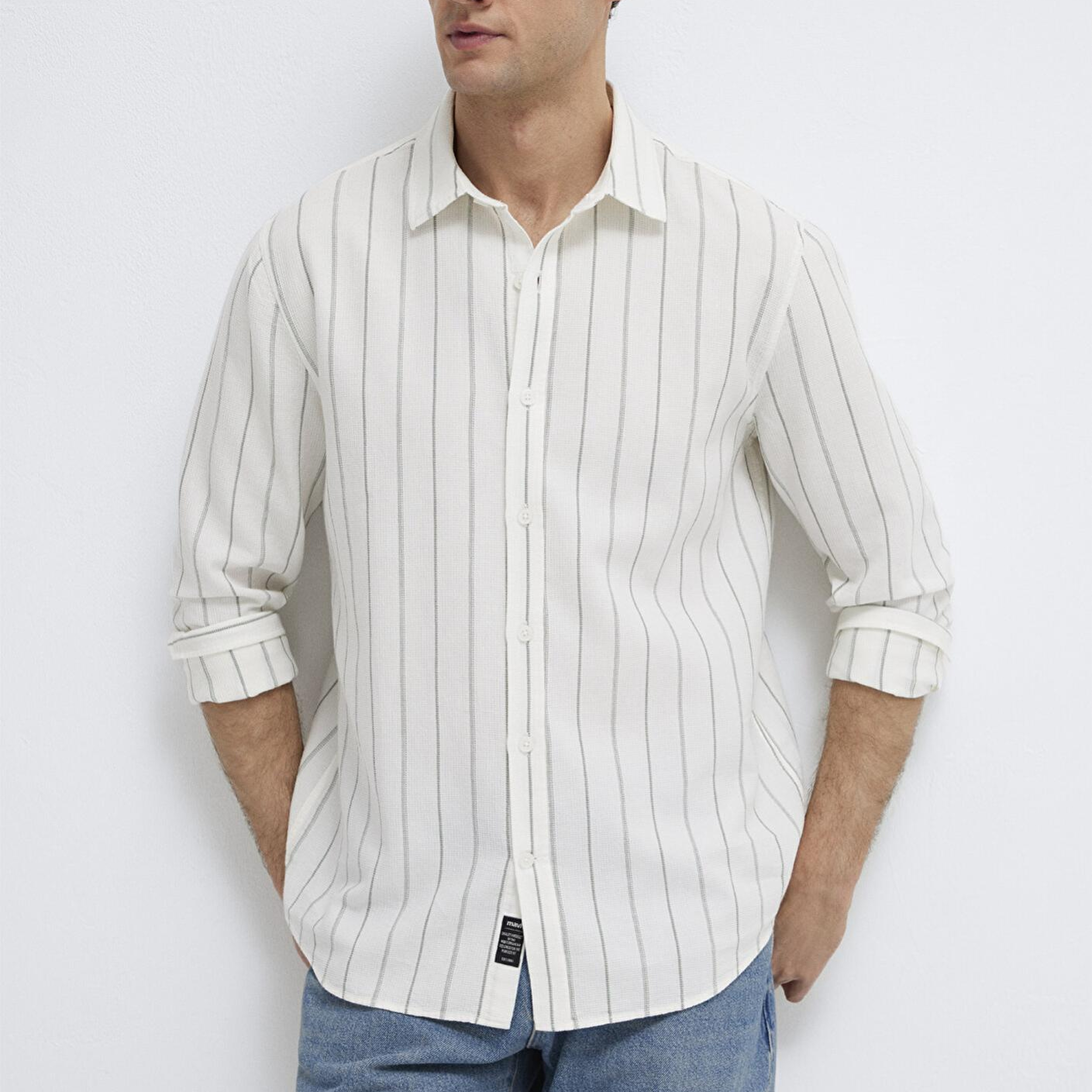 Mavi Haki Çizgili Ekru Gömlek Regular Fit / Normal Kesim 0211384-80692