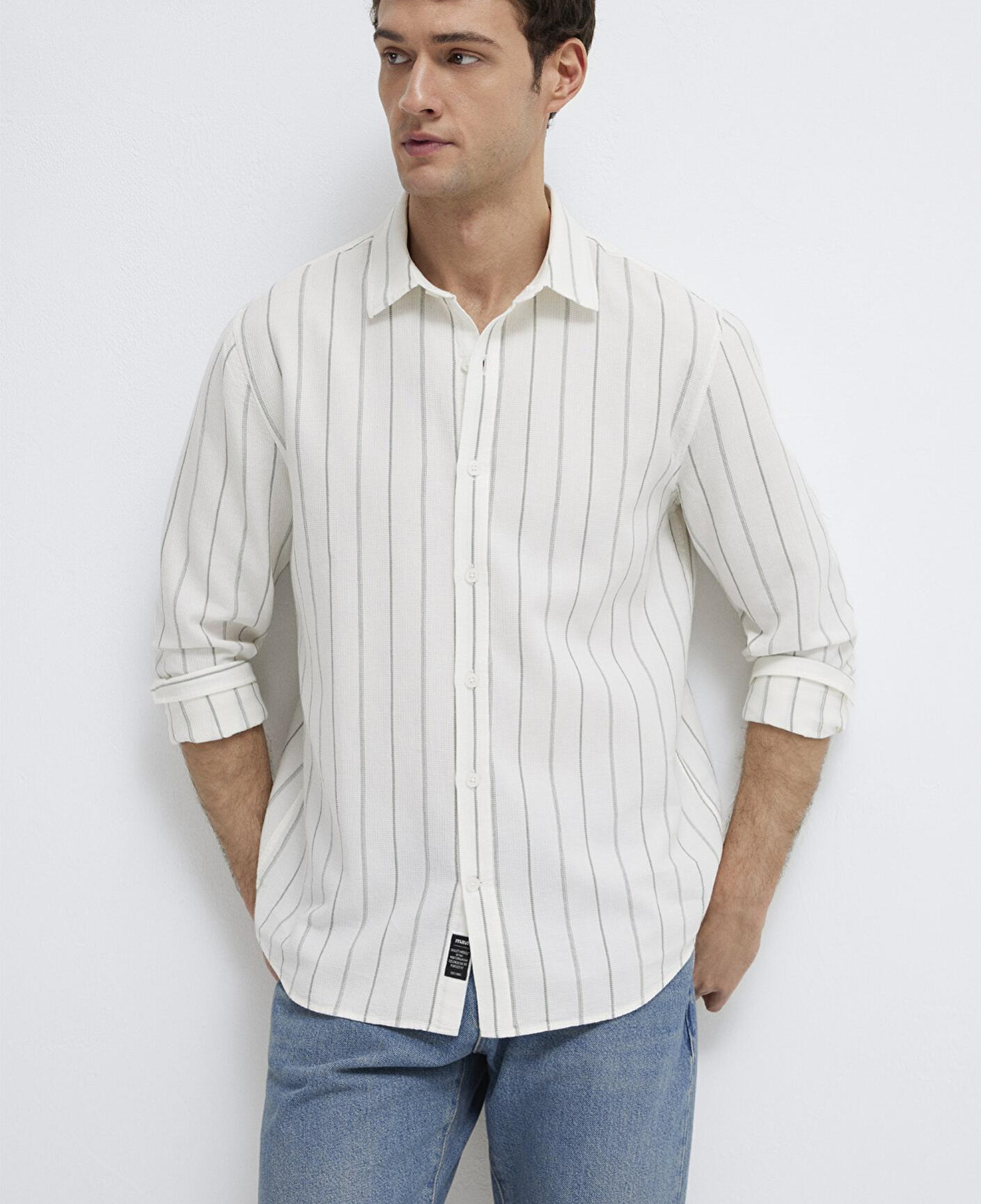 Mavi Haki Çizgili Ekru Gömlek Regular Fit / Normal Kesim 0211384-80692