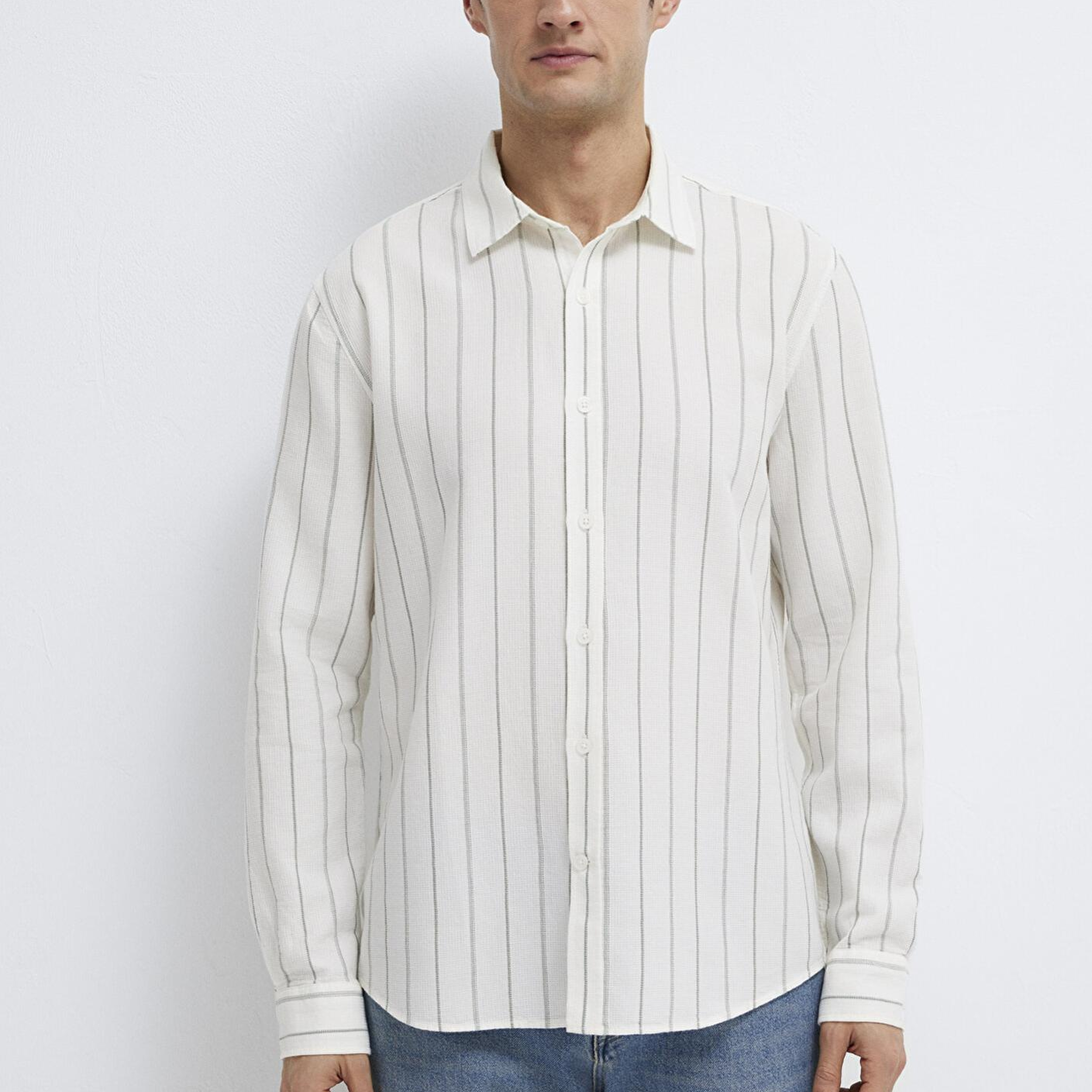 Mavi Haki Çizgili Ekru Gömlek Regular Fit / Normal Kesim 0211384-80692