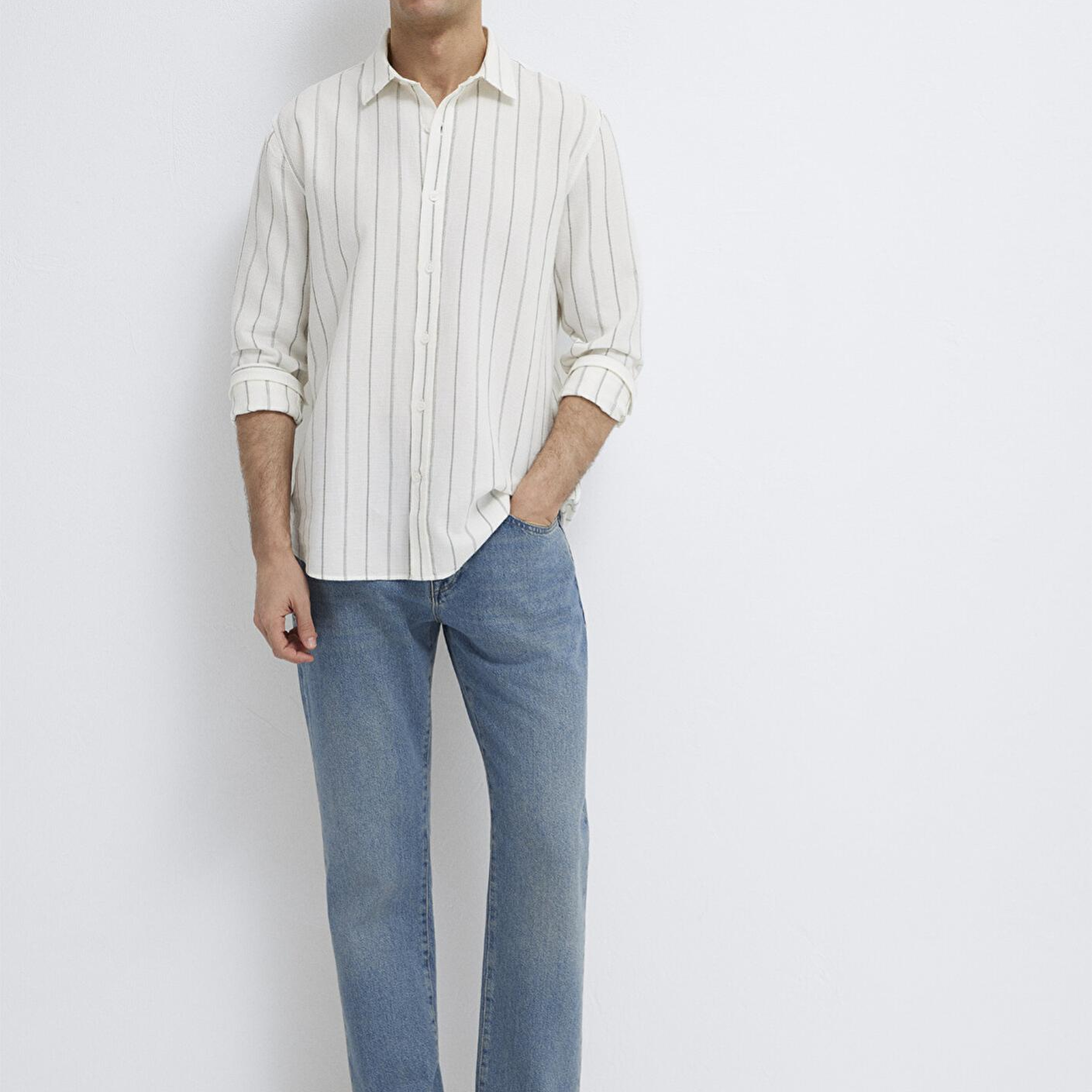 Mavi Haki Çizgili Ekru Gömlek Regular Fit / Normal Kesim 0211384-80692